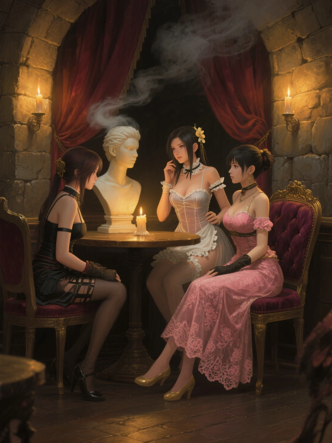(a group of 1920s flapper girls,dancing in a speakeasy,1920s clothing and hairstyle,classic jazz music),(oil painting),(smoke-filled room,cocktail glasses,feathers,glittering jewelry),(best quality,8k resolution,HDR effect,highly detailed and realistic),(vintage aesthetics,art deco style,dynamic composition),(rich color palette,warm vintage tones),(soft and atmospheric lighting)
