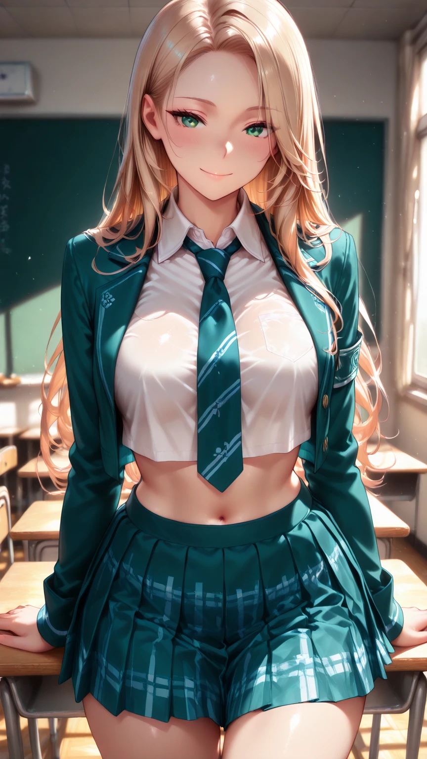 (masterpiece:1.5), (Big Breasts), 1 girl, young woman, (beautiful girl:1.5), (Highly detailed and delicate anime faces and eyes:1.5), whole body, (Natural light, High resolution, Highly detailed CG:1.3), (Dynamic posture:1.3), {correct body anatomy}, (Wide Hips:1.4), (Perfect hands:1.3), Single Focus, Toned body, Beautiful Lips, Thick lips, {Surreal}, {Correct posture}, {Minutes Details}, {Detailed body}, {Detailed clothing}, {Bright Eyes}, (Cleavage: 1.3), {accessories}, {sexy}, {alone}, (school uniform: 1.5), High school student clothing, (School jacket: 1.5), Long sleeve jacket, Short skirt, (pleated Short skirt: 1.3), (Thigh high pantyhose: 1.3), Black Pantyhose, blouse, Ribbon tie, Lace collar with tie, High heel boots, Earrings, necklace, hair band, Hair Clip, (A light smile: 1.3), Long Hair, (Two-tone hair: 1.5), (Blonde: 1.5), (Pink Hair: 1.3), (Green Hair: 1.2), (blue eyes: 1.3),