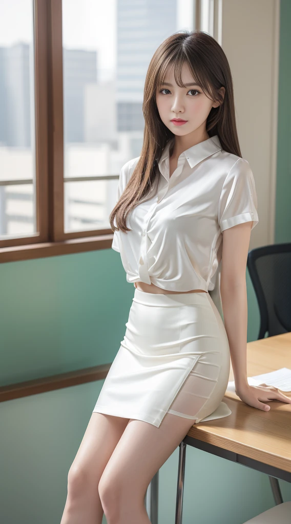 Beautiful white and shining skin、Chestnut-colored hair that changes with the light、Long bangs between the eyes that block vision、Cheek highlighter、Small Face Beauty、Golden Ratio、One girl、solo、(Full Body Shot:1.3)、(Slender and beautiful girl)、(Small waist)、(Woman in detailed pencil skirt and collared shirt:1.4)、(office lady)、Office Suits、High heels、(Bobcut:1.3)、short hair、(Medium breast、Slim butt:1.3)、Office Room、(From behind、Buckshot:1.3)、Stick your butt out、View Viewer、From below、(cute)、(Slit Skirt:1.1)、