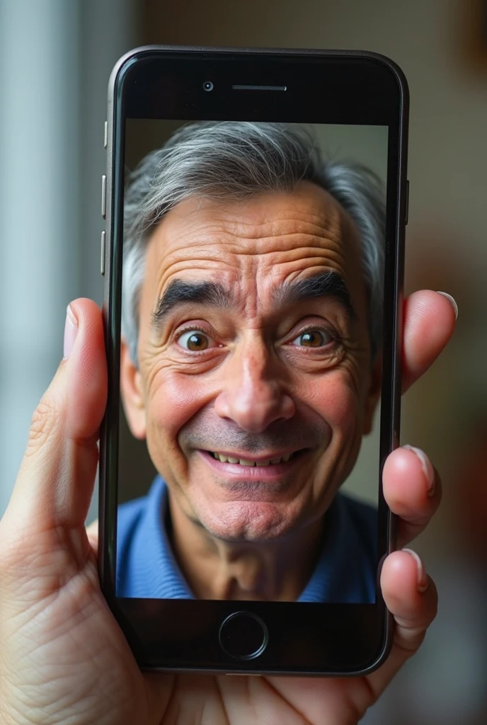 A young man worried that they are in danger laughs as he shows the screen of his cell phone with a photo of his grandmother turned into a zombie