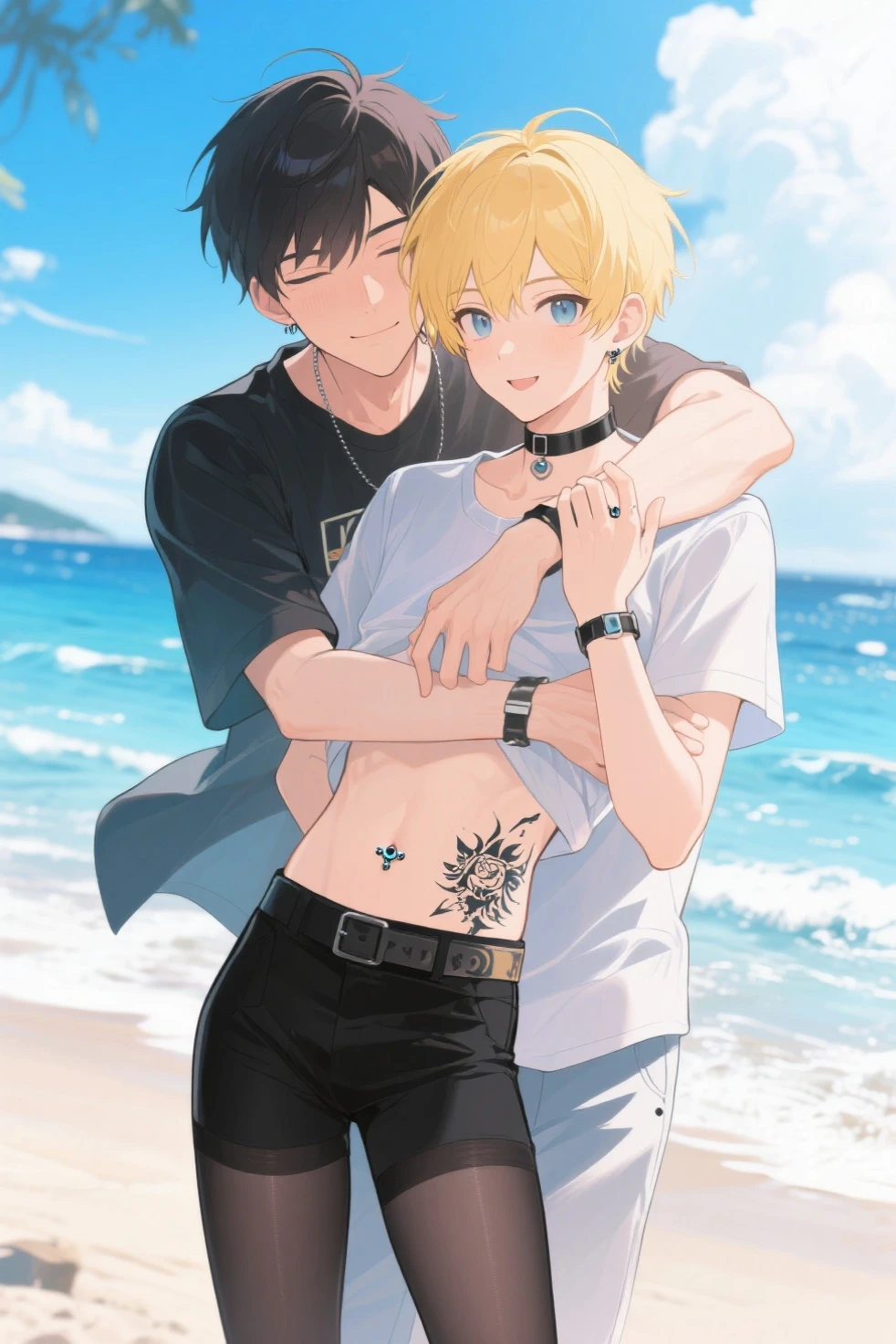2boys,13 only、(Man's :2) ,twins,Handsome boy,brown colored long hair、a blond、Collar,tattooed、Upper body naked、starrysky 、sand beach、Contre-Jour、hightquality、masutepiece,8K,