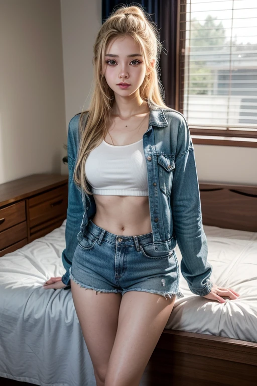 beautiful sexy little  Russian school girl, thin, long blonde hair, blue eyes, nice bottom, nice bottom, big red lips, dressing like a whore, tiny short blue plaid skirt, scared, nice legs, nice bottom, standing on bedroom at night, ultra realistic, wearing glasses, wearing cropped top, fit 