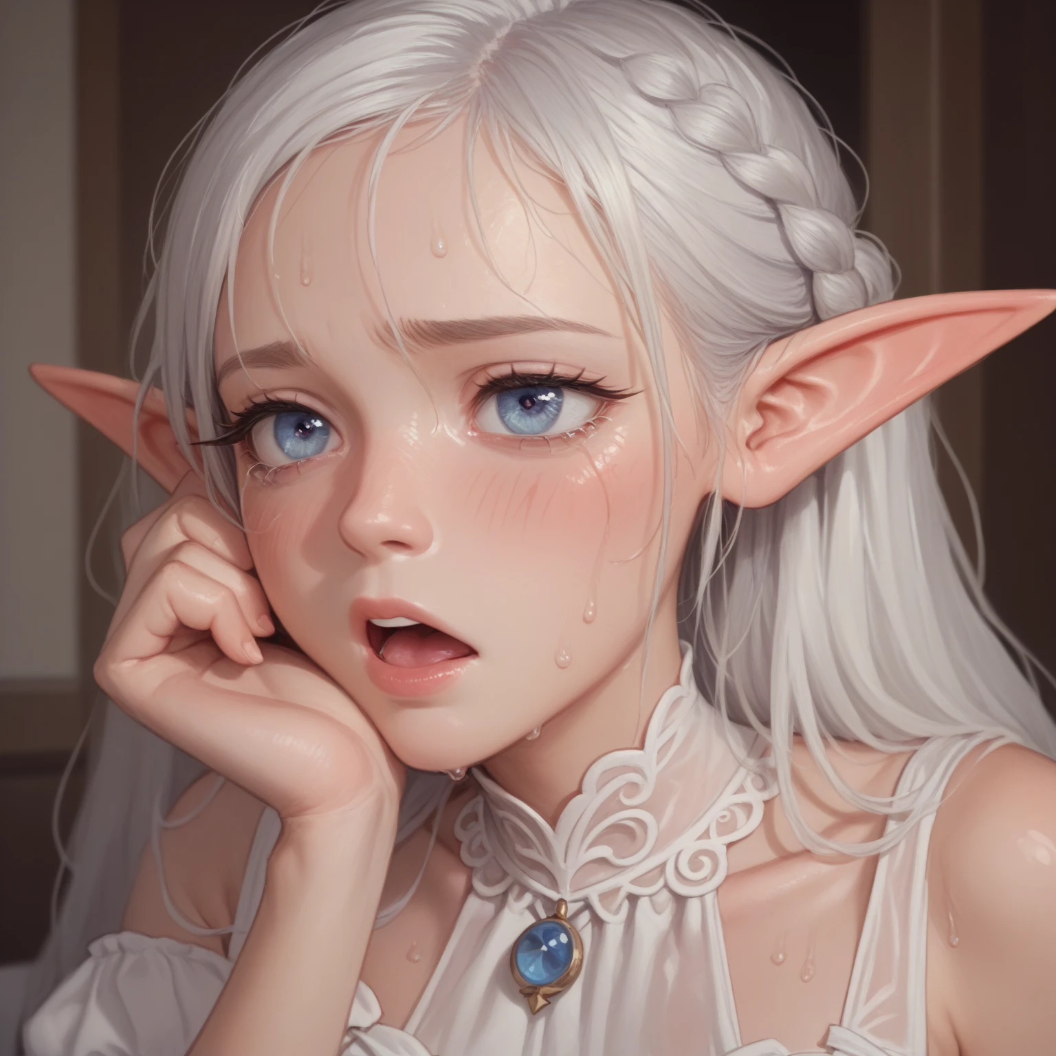 Beautiful girl with white hair and green eyes posing in front of a window, elf girl, by Shitao, in transparent dress, hard nipples visible,flat anime style shading, seductive anime girl,soft lighting, guweiz on pixiv artstation style,