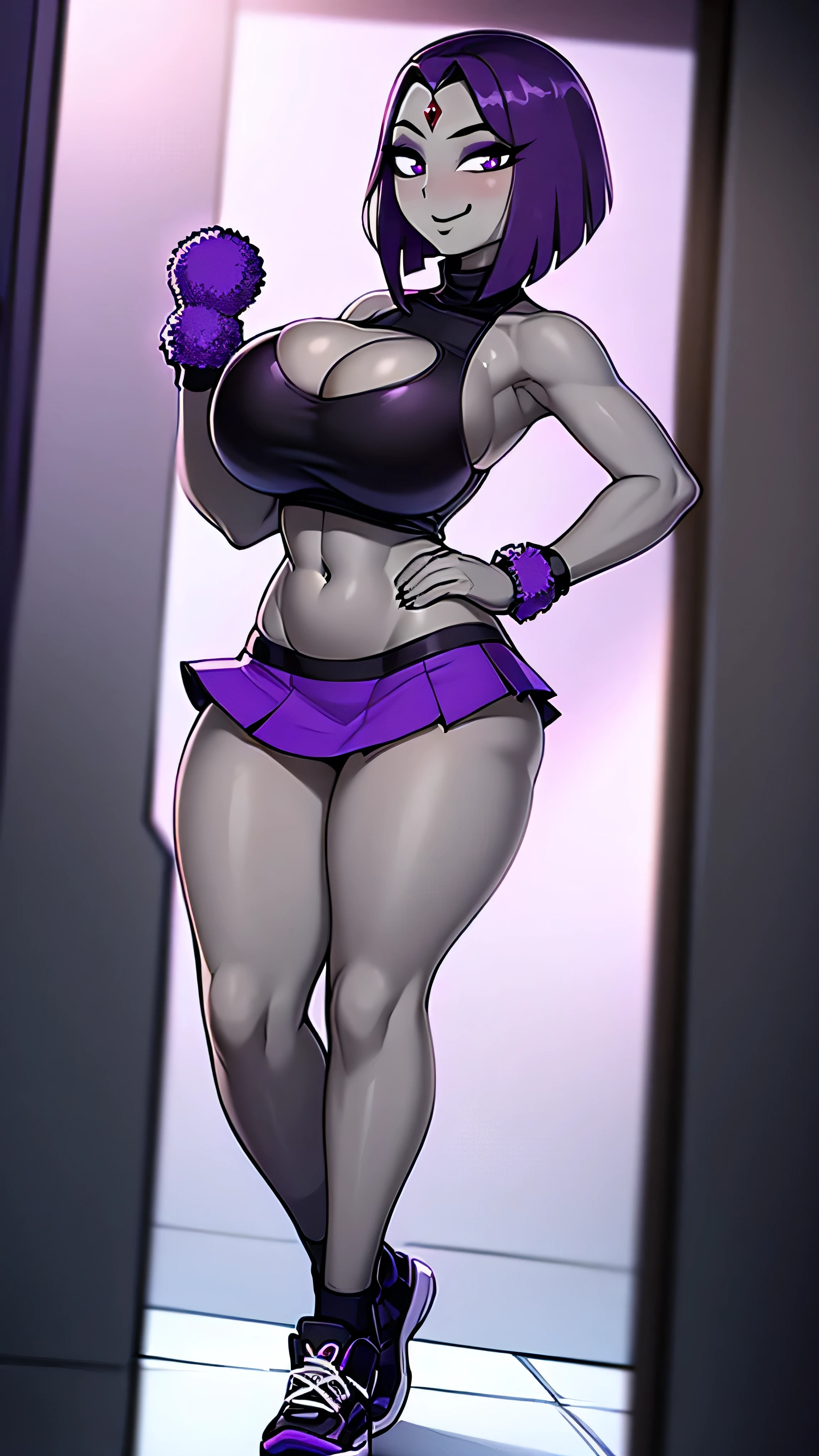 (masterpiece), best quality, female warrior, huge girl, female muscular:1.2, (curvy:1.6), (((blank background))), ((full body)), fingerless gloves, sandals, sleeveless, covered nipples, ((buzzcut hairstyle)), purple hair, hair over eyes, ((very big legs:1.4))