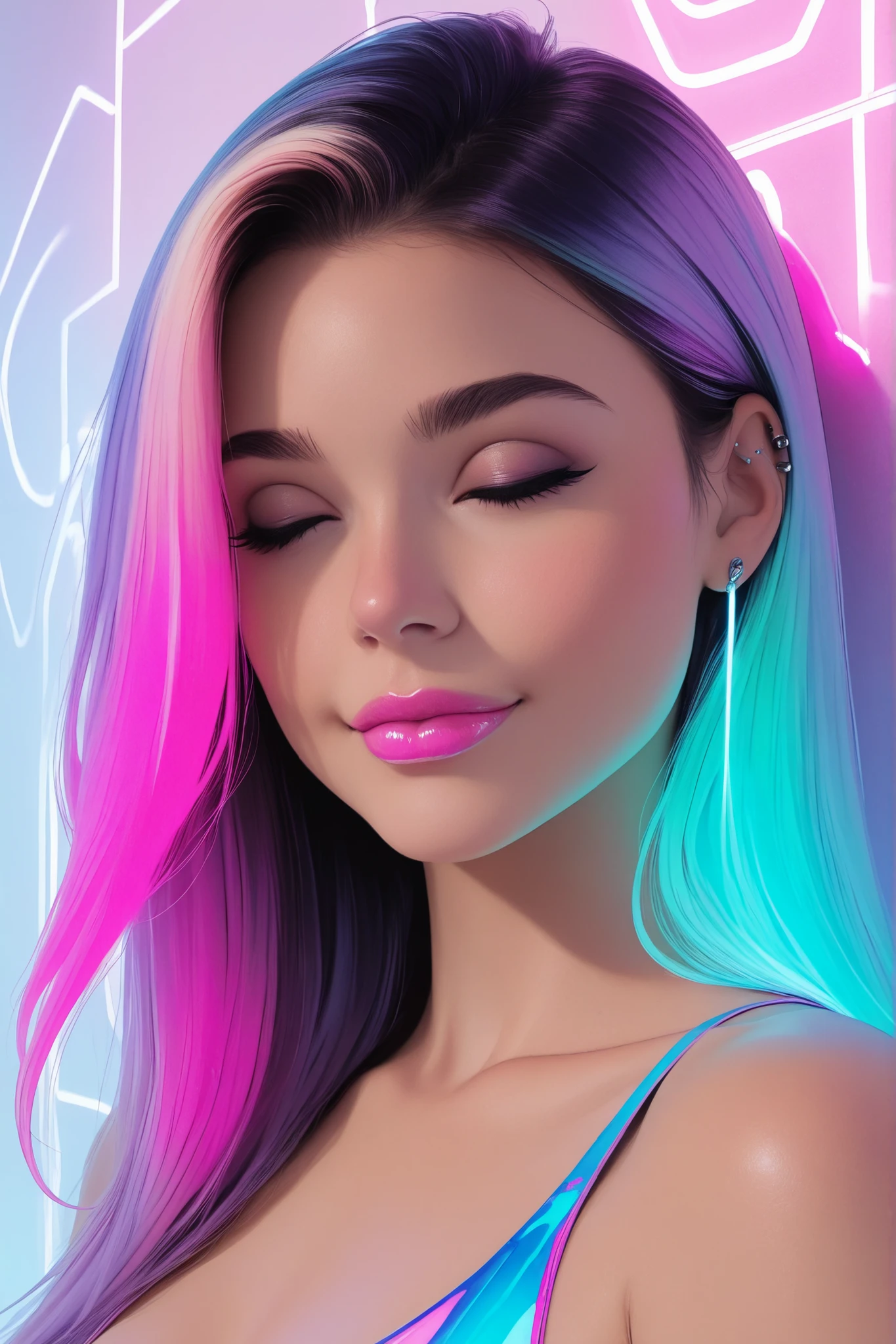 (masterpiece,best quality),(good structure,Good composition,clear, original,beautiful),line art,line style,flat art,minimalist art,comic style,a portrait of a beautiful girl in her late s,painted on wall with light,stunning beauty,soft light,multi-color hair,neon punk,line art,simple background,modernism,glowing lips,simple piercings,lips closed,light smile,masterpiece,natural style,neon,detailed iris,shy woman,long hair