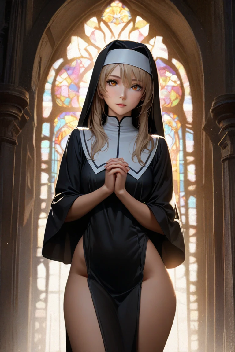 photorealistic、whole body、High resolution, best quality, super high quality, high quality, High resolution, ウルトラHigh resolution, disorganized, In 4K, In 8K, hyper-detailed, intricate details、15 year old girl with beautiful features、Slender body type、great shading, high contrast, Reality, realistic photo, Raw photo, Photography, Super thin illustration, Shrinkage rate, perfect anatomy, correct anatomy, perfect proportions, perfect face, perfect hands, perfect legs, perfect fingers、chest small、blue eyes、blonde medium length、black nun outfit、The background is the cathedral chapel、Front facing、sit on the floor、legs wide open towards the front、I can see white underwear、private parts are visible、shy smile、looking at the camera
