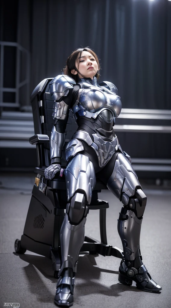 (Muscular:1.8), (thick thighs:1), (large round breasts:1), (large muscular chest and shoulders:1.4), FEMALE, brown hair, long brown hair, (big smile:0), (tight mecha arm, tall cute silver cyborg:1.5), looking at viewer, (three quarter view:1.3), upper body view, (lab:1.5), dark lighting, detailed skin, detailed eyes, (dark skin:1.), (very thin waist:1.6), (huge round muscles:1.5), (one protagonist:1.5), (tall:1.6),