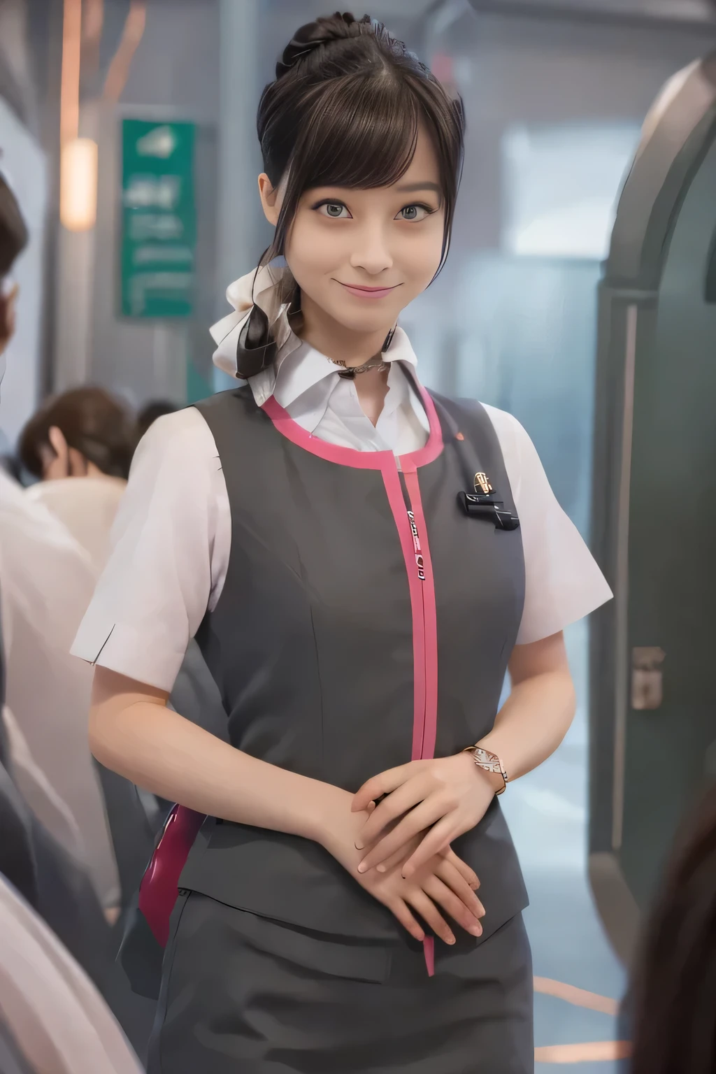 (masterpiece:1.2, Highest quality:1.2), 32k HDR, High resolution, (alone、One girl)、(At the station platform、Professional Lighting)、Empty train station platform background、(Realistic style of JR Gran Class crew uniform)、Short sleeve blouse、a scarf around the neck、(JR Gran Class flight attendant uniform with pink parts on the skirt sleeves)、(The uniform of a flight attendant in JR Gran Class has a pink line on the front zipper of the vest.)、Dark brown hair、(Chignon、Hair tied up)、Dark brown hair、Long Shot、Big Breasts、((Great hands:2.0)),((Harmonious body proportions:1.5)),((Normal limbs:2.0)),((Normal finger:2.0)),((Delicate eyes:2.0)),((Normal eyes:2.0)))、Big Breasts、Luxury Necklace、smile、Beautiful standing posture,Place your hands around your stomach