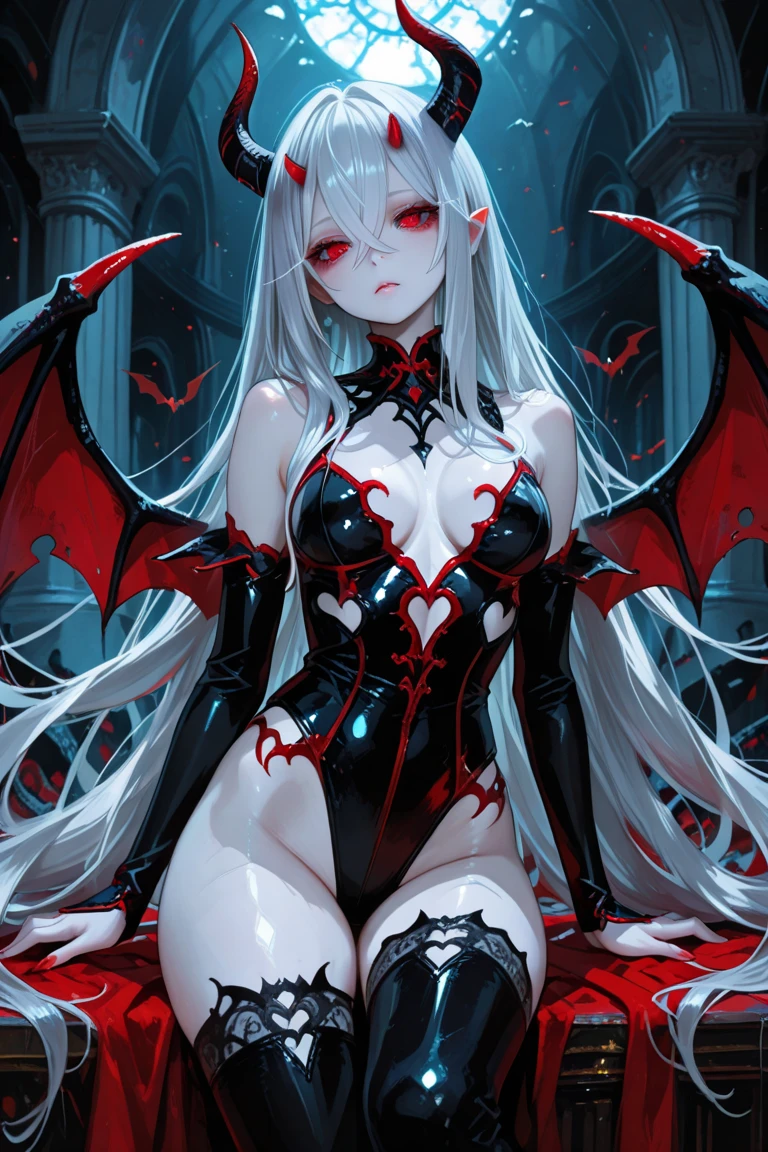"In a nightmarish anime-style scene, the succubus with long, straight white hair lies on a bed in a dark, twisted dreamscape. Her revealing bikini, thigh-high boots, and long gloves contrast with the ominous atmosphere around her. Her bat wings and devil tail are fully visible, adding to her menacing allure.
She holds a glowing, red ball of magical dream energy in her hand, her red eyes fixed intently on it as she exudes a powerful, seductive aura. Her cheeks are slightly blushing, creating a blend of allure and dark intensity. The background is a surreal, nightmarish realm with dark, swirling mists, emphasizing the haunting and mystical nature of the scene."