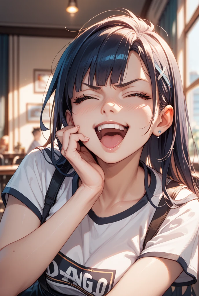 Sitting on a black sofa,looking ahead,from above,handjob,side view,face focus,open mouth,tongue out,cum on tongue,Licking a white dildo,(1girl,Beautiful 14 year old girl),((Slender,Small breasts,Baby Face,Small face,)),looking at viewer,Black Hair,bangs,two side up,Gray Eyes,Drooping eyes,slit pupils,narrow eyes,White sweater,bare shoulder,Denim shorts,Beautiful and detailed anime art,Mischievous smile,Dimly lit room,Simple Background,Gray background,Low lighting