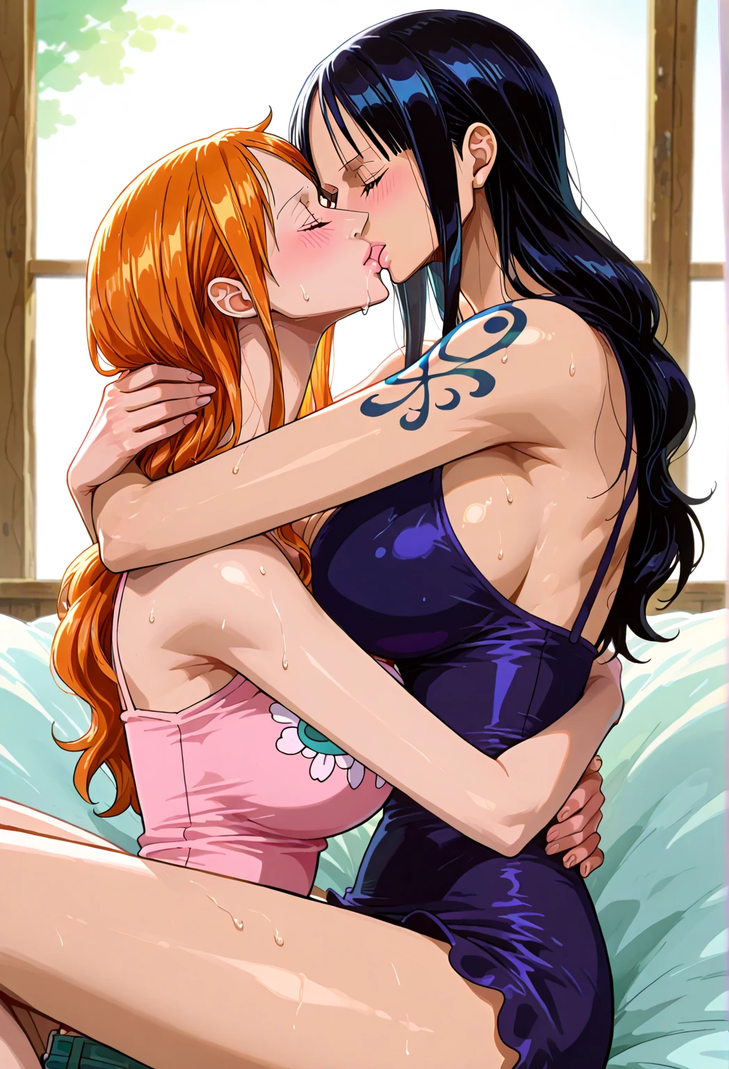 night time, low light, hotel bathroom, nico robin and nami are in a bathtube kissing each other, they are sitting on the bathtube, they are naked but their private parts are covered in soap foam