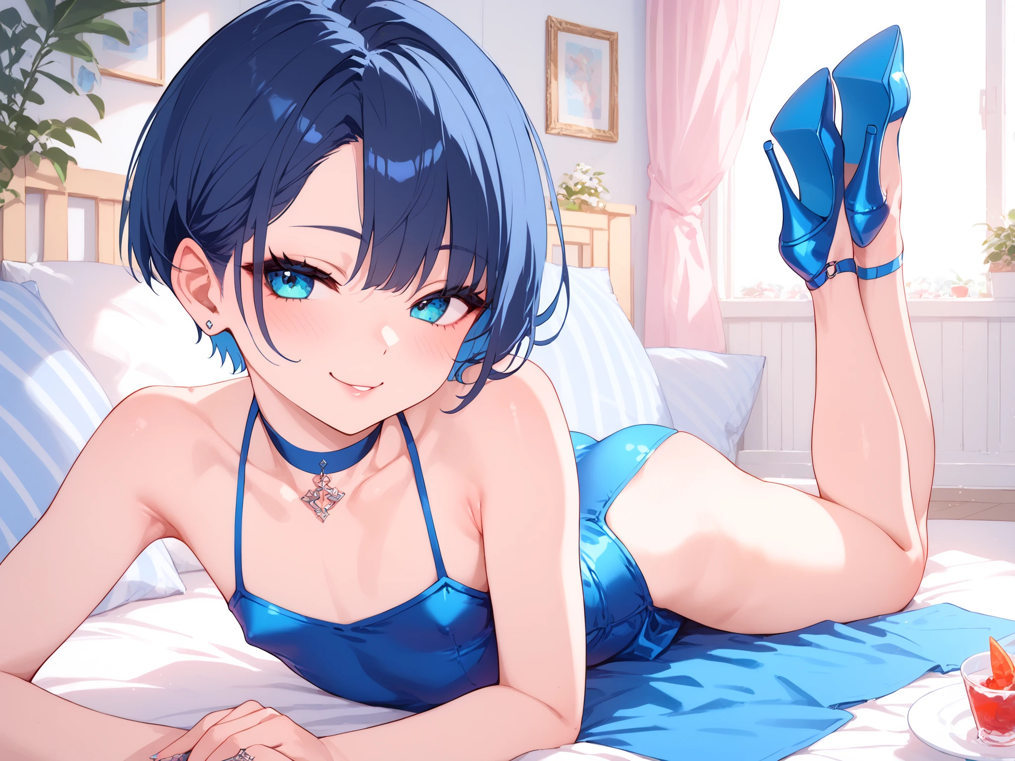 score_9, score_8_up, score_7_up, score_6_up, score_5_up, score_4_up, sauce_Anime, tag1, Tag 2, quality_masterpiece, anatomically accurate, beautiful face, perfect face, face and eyes beautifully depicted in every detail, Attractive face, detail face , Delicate Facial Features , Detailed skin, flat chest, young petite cute femboy, dark blue hair withe a pixie cut, (revealing party dress ),choker , assuming position for sex, naughty face, small penis, view full body, long legs and high heels, nsfw, porn, explicit,