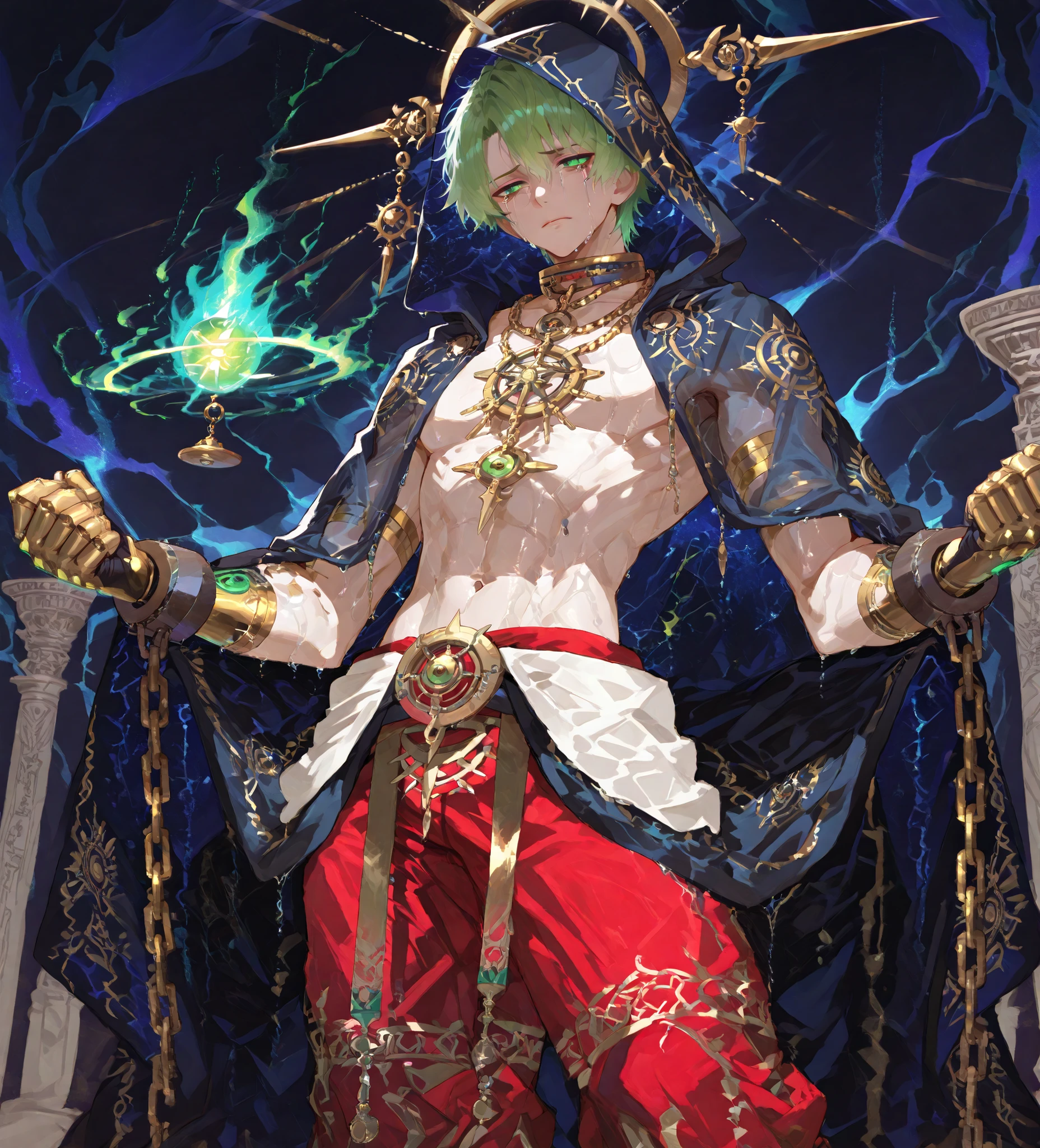 sharp lime-green eyes full of intensity and warmth, toned simple body chest, blending ancient divine and modern trend clothing: wearing a sleek white modern high collar holographic see through very wet soaked jacket with golden runes glowing on the sleeves and collar and red and gold big holographic ancient divine sacred gauntlet gloves, no shirt , DIVINE CARGO red BAGGY PANTS at all. with glossy shinny wet sweaty skin, futuristic cloak with long sexy sleeves with glowing edges and divine symbols, golden arm cuffs with intricate designs, a shimmering golden chain necklace with a glowing celestial pendant resting on his chest , in a standing pose while chained up , ALL LIMBS ARE locked AS HE IS CHAINED FROM HIS ArmS AND LEGS as he floats. feet glowing as he is locked up on all limbs with chains, shy sad crying on his lips, soft divine aura swirling around him, glowing beams of celestial light descending from a mystical sky, ancient DOME-like background mixing , anime-style, highly detailed,, powerful and modern, divine charm, no socks