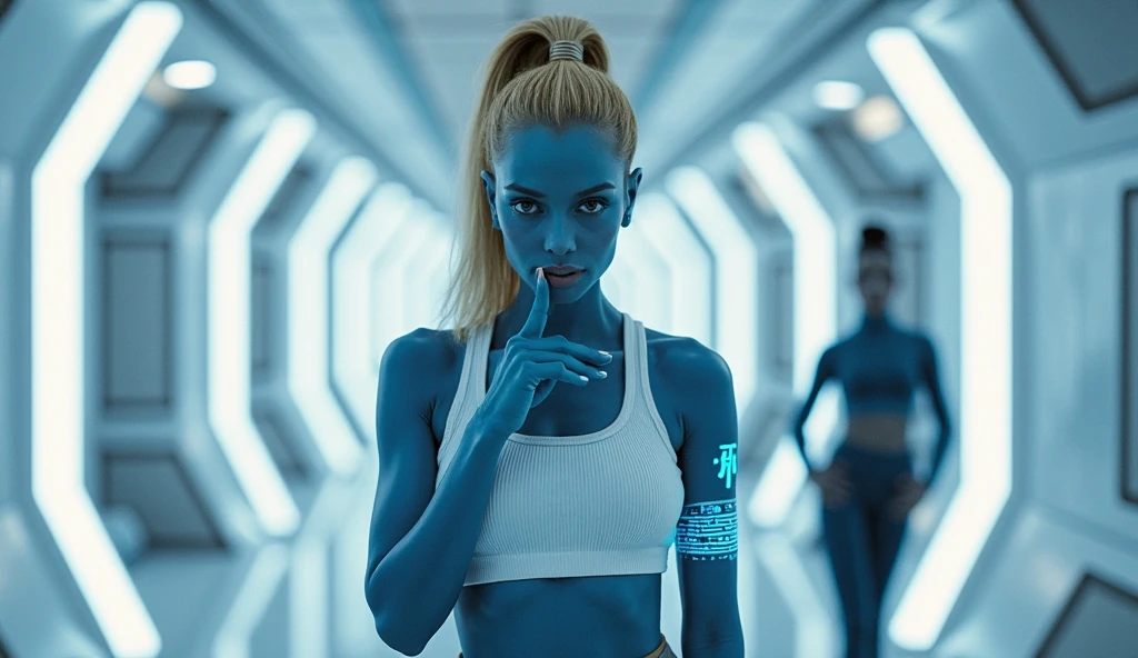 Tall, (thin), Blue Skin Twi'lek with (huge breasts) wearing a sports bra, shorts, huge breasts, tall, graceful, (tall), slim hips, small waist, breast expansion, motion lines