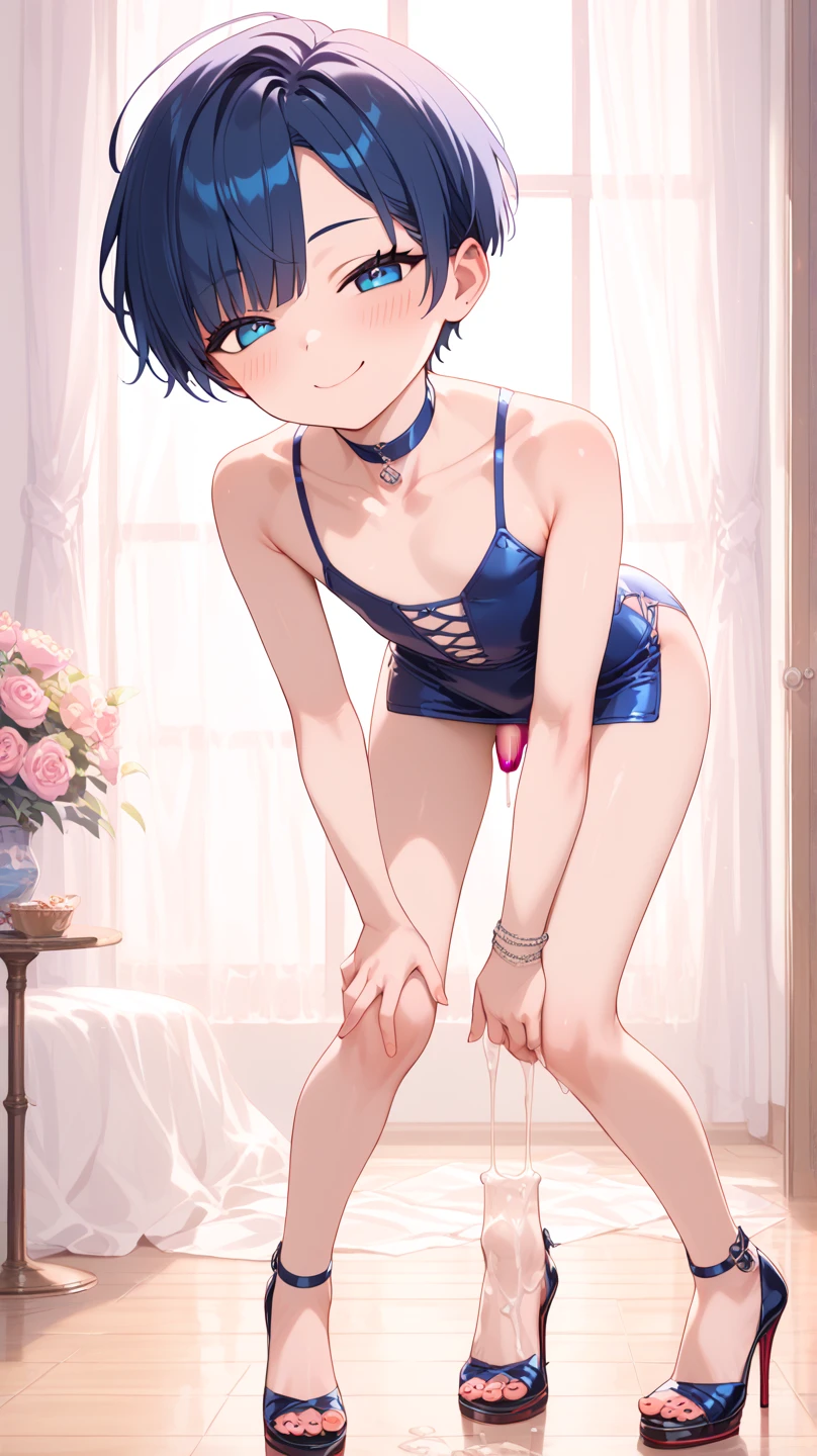 #Basics A girl is posing for a photo, ((One Girl:1.4)) + (((Baby Face:1.4)) + ((cute:1.5))),
break
#Clothing Accessories
((Sheer黒のエルボーグローブ:1.4)) + ((Black knee-high stockings:1.4) : (Low denier:2.0) + (Sheer:1.8) + (Shiny)) + ((The penis is growing:1.8)), (Shiny黒のハイヒール),
((Gold hoop earrings)),
break
#Features
((Black Hair)), ((Straight bangs)), ((Thin side hair + Very short side hair:1.4)), (((Pixie Cut Hair:1.4) : Very short hair:2.0 + Curly hair + Thin Hair)),
((Droopy eyes:1.4, Big eyes:1.2), blue eyes), (Brown skin:1.4), ((Flat chest:1.4)), (boyish), (Neutral facial features),
break
#background environment
((Love Hotel, Pink lighting)),
#Facial Expression Pose
((Wicked Smile, Estrus, blush)), ((Sit on the bed:1.4, Spread your legs wide)),
#composition
((Face the camera, (Character Focus), (Angle from the front), (Cowboy Shot))),
break
#Body parts elements
(Slim figure),
(Detailed Hair, Beautiful Hair, Shiny Hair),
(double eyelid, Long eyelashes),
(Expression of fine eyes, Beautiful and delicate eyes, Sparkling eyes, Eye Reflexes, Glitter Eyeliner),
(Human Ear),
(Beautiful Nose, Thin Nose),
(Shiny唇, Beautiful Lips, Thick lips), (Symmetrical facial features),
(Detailed skin, Textured skin, Beautiful Skin, Oily skin),
break
#Quality Image Quality Common
(((Highest quality)), ((masterpiece)), ((Very detailed))), ((Ultra-high resolution)), ((16K, 1080P)), ((Full HD)),
(Anatomically correct), (Realistic), (3DCG),