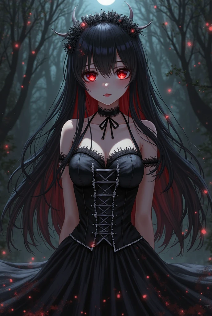 anime style image , 20 year old vampire woman, long straight black hair, red eyes, dressed in a dress with a black dress with red lace, being in the woods at night after having murdered someone