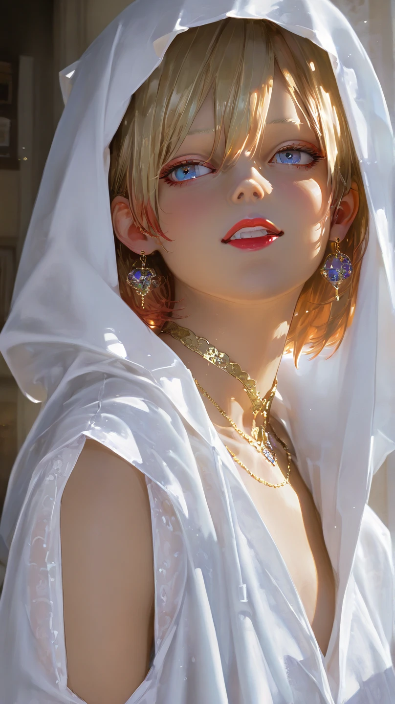 ((((masterpiece, Highest quality, High resolution)))), Very detailed16K, スリムな体を持つsexyな美しい17歳の日本人の女の子, (Ultra HD, Very detailed, Very detailed, Very realistic, Ultra-realistic, Photo Real), (One girl:1.5), Beautiful light blonde short hair, (Dynamic pose,Hands above head), (Close-up of the upper body:1.5),To the camera, A light smile, (Huge breasts: 1.2), (Beautifully detailed face, Beautiful attention to detail), (Completely naked, topless, No underwear, Beautiful see-through white long cape with lace, A colorful emblem is printed on the body.,A colorful emblem is printed on the chest.:1.5), Shine, Sweat, (Light of the sun, sunlight),sexyな長い脚, Exposed breasts,sexy, blush,Looking up at the sky, Ultra-realisticな広大な風景, photogenic scenery, In a beautiful garden, european royal palace, Windy Day,Hair blowing in the wind,