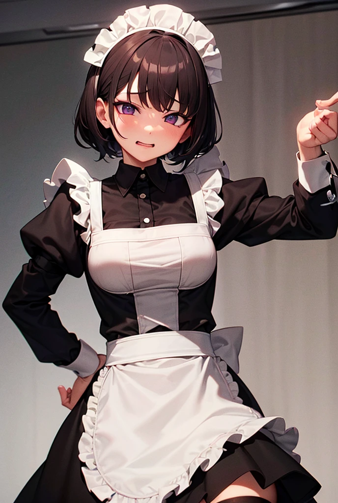 (Highest quality,High resolution,Very detailed,girl)black tights,Black Hair,short hair,Height: 160cm,cute,Pink Eyes,Wearing maid uniform,Her eyes are white and shining,Has bright white eyes,Has a shy look,