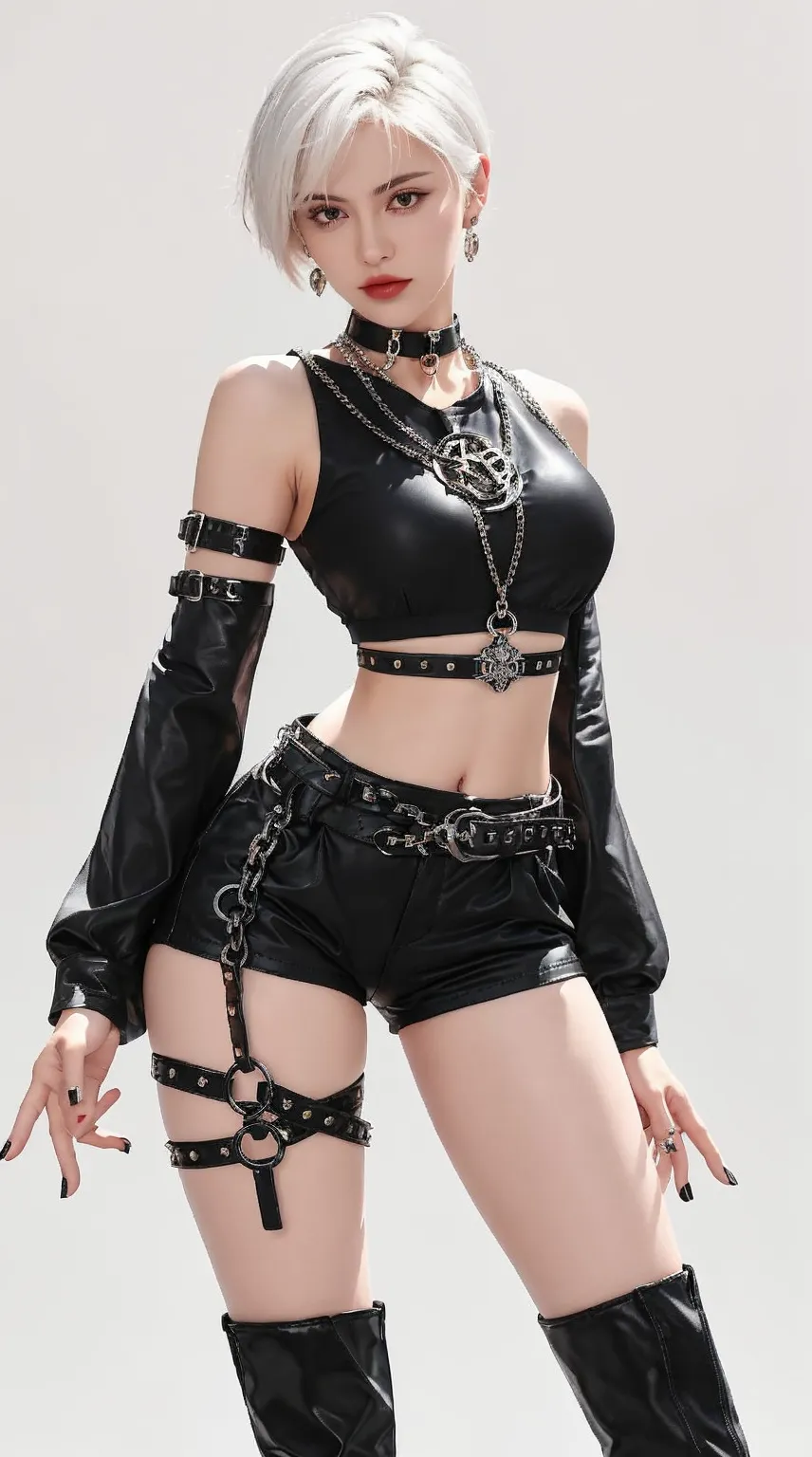 Hyperrealistisches, super detailed, sexly, young gothic girl , sexly Gesichtsausdrücke, seductive facial expressions, Full body, dynamic pose, Rear view [:(Facial detail: 1.4): 0.4], 16k resolution, 4K resolution, (Perfect flat stomach), (color picture),
edgpshorts, a woman in a black top and shorts with chains on her waist , wear edgpshorts
 
