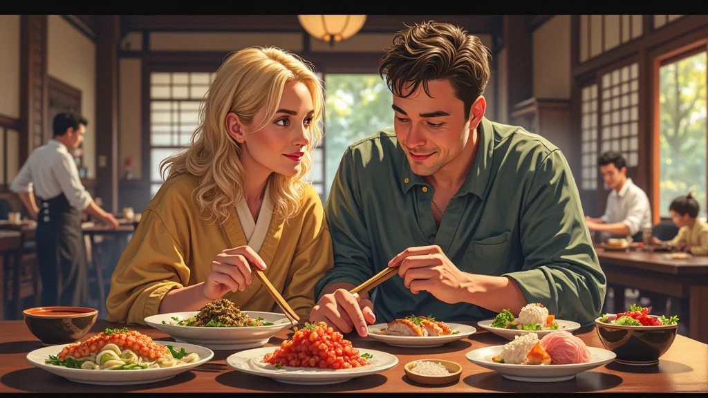 Two men, they are sitting on each side of the table. The table is well prepared. It has very tasty meat dishes. The man in the chair on the left has very pale skin and long blond hair. He is wearing a black sweater with light jeans and black shoes. The man on the right has black hair, tanned skin, is wearing glasses. He is wearing a white dress shirt with suspenders, a red bow tie, black pants, suspenders, and black dress shoes. They are in a room prepared for dinner. In the background, you can see an open . The image has to be in anime.