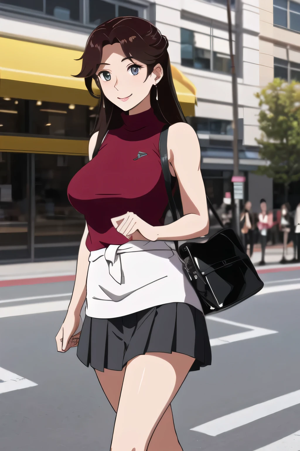 {{x}},smile,Please draw the facial expression even more delicately,draw her expression more delicately,walking alone, city tour ,,(((She's dressed in a casual tourist style))), I have a SLR camera ,(Let's draw a more delicate look),(sleeveless wool sweater),( Pleated Legs,white panties),(That work is enough for one person {X} is very important for work)、 That alone is great enough,don't frown。unless work requires it。 {X}、 , An attractive 40-year-old adult woman jumping out of her uniform, Big black wavy hair, , Big Breasts, Thin Waist , , ,