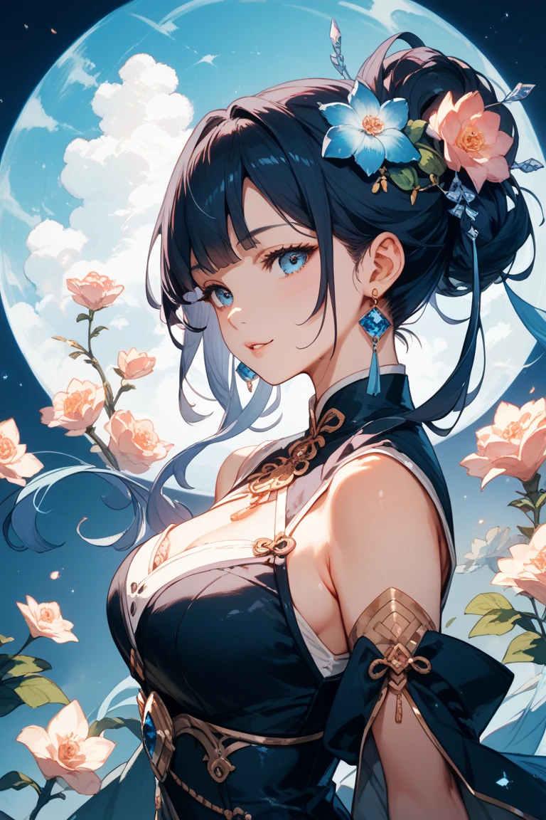 masterpiece, best quality, beautiful, ertestyle, cowboy shot, profile, 1girl with a flower in her hair, blue eyes, prinbulletbill, closed mouth, looking at viewer, super crown, black dress, bare shoulders, white gloves, elbow gloves, earrings, cleavage, silent_princess flower, gentle smile, backlighting, <lora:Degen-SilentPrincess:.8> simple background, black background <lora:mario_princessbulletbill_prodigy-17:.85> <lora:Ertestyle:0.7> fcPortrait