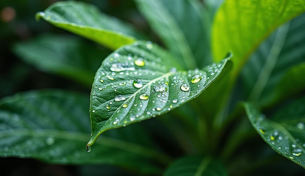 a close up of a plant with water droplets on it, dew, plant photography, drops, droplets, large leaves, detailed droplets, dew drops, muted green, focus on droplets, wet leaves, dewdrops, big leaves, f/3.5, water droplets, highly detaild, morning detail
