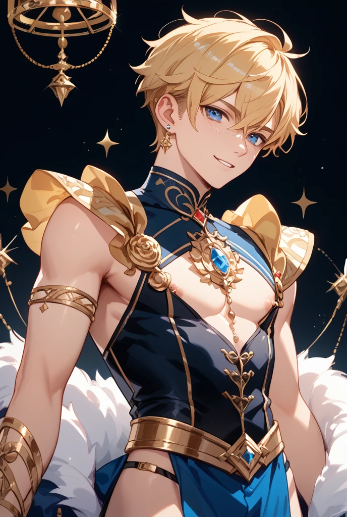 (absurdres, highres, ultra detailed, HDR), masterpiece, best quality, "magic knight rayearth" Character handsome boy in dark outfit short hair wearing detailed headgear light blonde hair