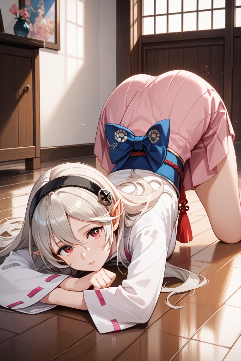 She is squatting and inserting a brush into her anus.、silver hair、golden eyes、18-year-old、cute face、nude、Showing off pink dildo inserted in anus、Grab your buttocks and spread them、view from behind