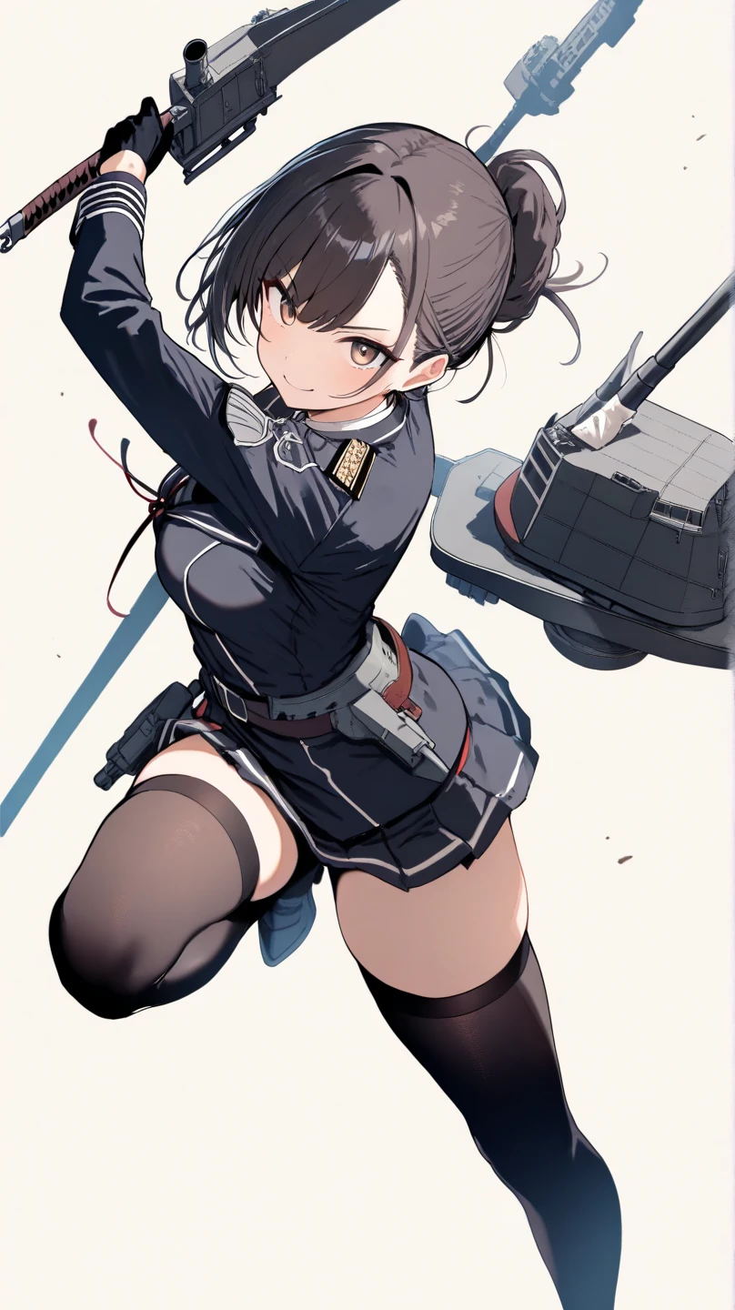 highest quality, masterpiece, High resolution, alone, {Kirishima_Fleet Collection:1.15}, short_hair, Glasses, black_hair, hairband, Non-traditional_Miko, Green Frame_Glasses, headgear, smile, One girl, just_shoulder, green_eye, independent_sleeve, Japanese_Clothes, skirt, thigh_boots, thighhighs, boots, cannon, pantyhose, turret, adjust_Glasses, (panties), (bra), (In underwear), (lingerie),