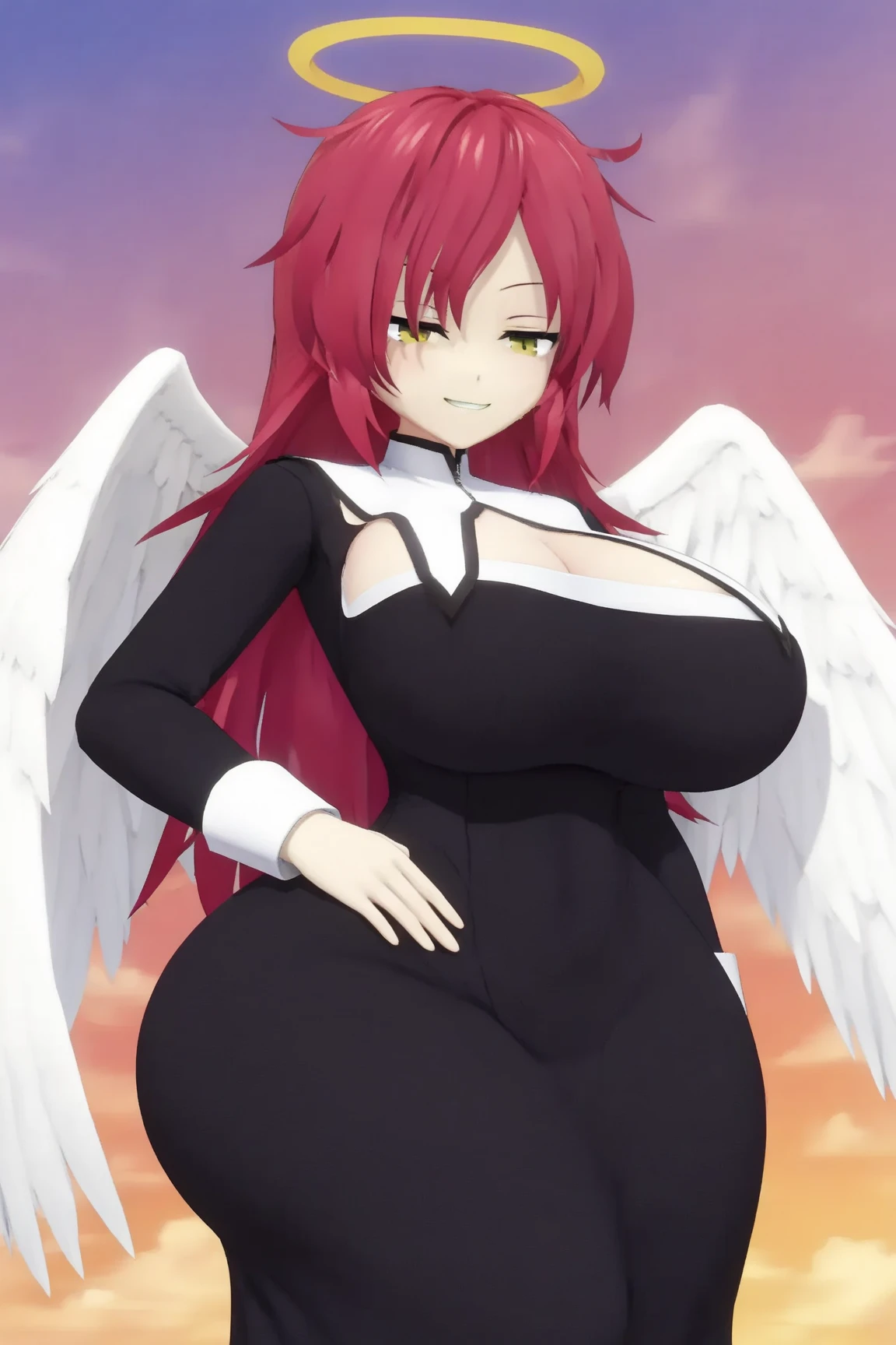 cheveux longs, cheveux roses, yeux bleus, Grande fille, enormous breast, long robe, ange, Angel wings, walking, curvy, bimbo,, halo,, dress, victorian cloths
