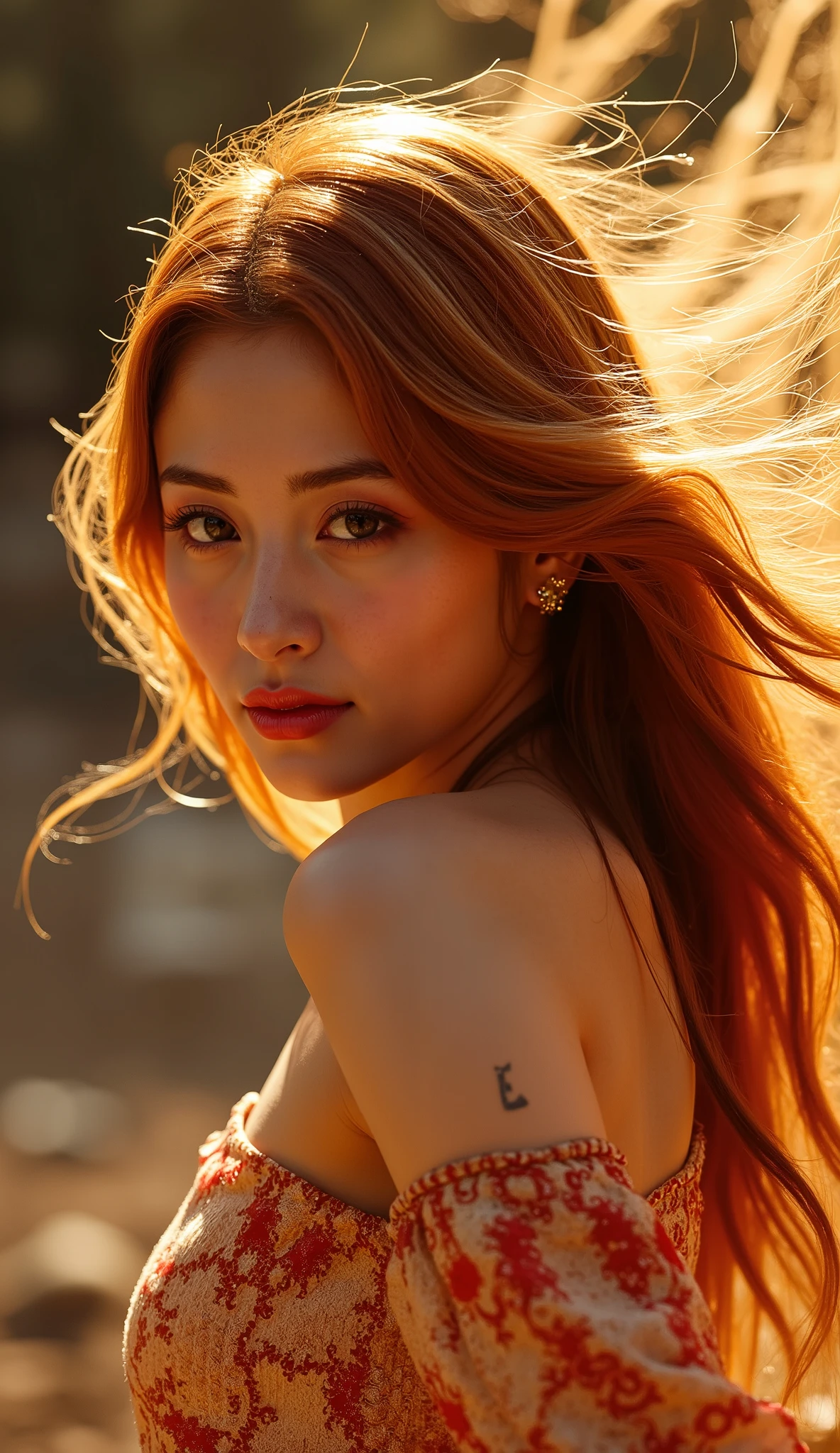 (Photorealistic: 1.2), (Sharp Focus), Portrait, (Surrealistic), Sienna Natural Ratio, (Best Quality: 1.3), Unreal Engine 5:1, 16k, Sharp Focus, Octane Rendering, Cinematic lighting, HDR10, cowboy shot, (masterpiece, highest quality, highest quality, official art, beautifully aesthetic: 1.2), dreamwave, smoke, aesthetic, swirl, beauty, bewitching, sexy, erotic, (elegant: 1.2), ( Fractal art: 1.5), (Zentangle: 1.5), Colorful, Crystal, Gold, (Sexy), Gentle smile, Beautiful face, Detailed and perfect face, Perfect proportions, Huge breasts, Thin waist, Navel, Big butt, Crotch gap, thigh, dynamic pose, changing pose, dynamic angle, wind, storm, backlight, solar eclipse, long hair, trend, depth of field, translucent, floating,