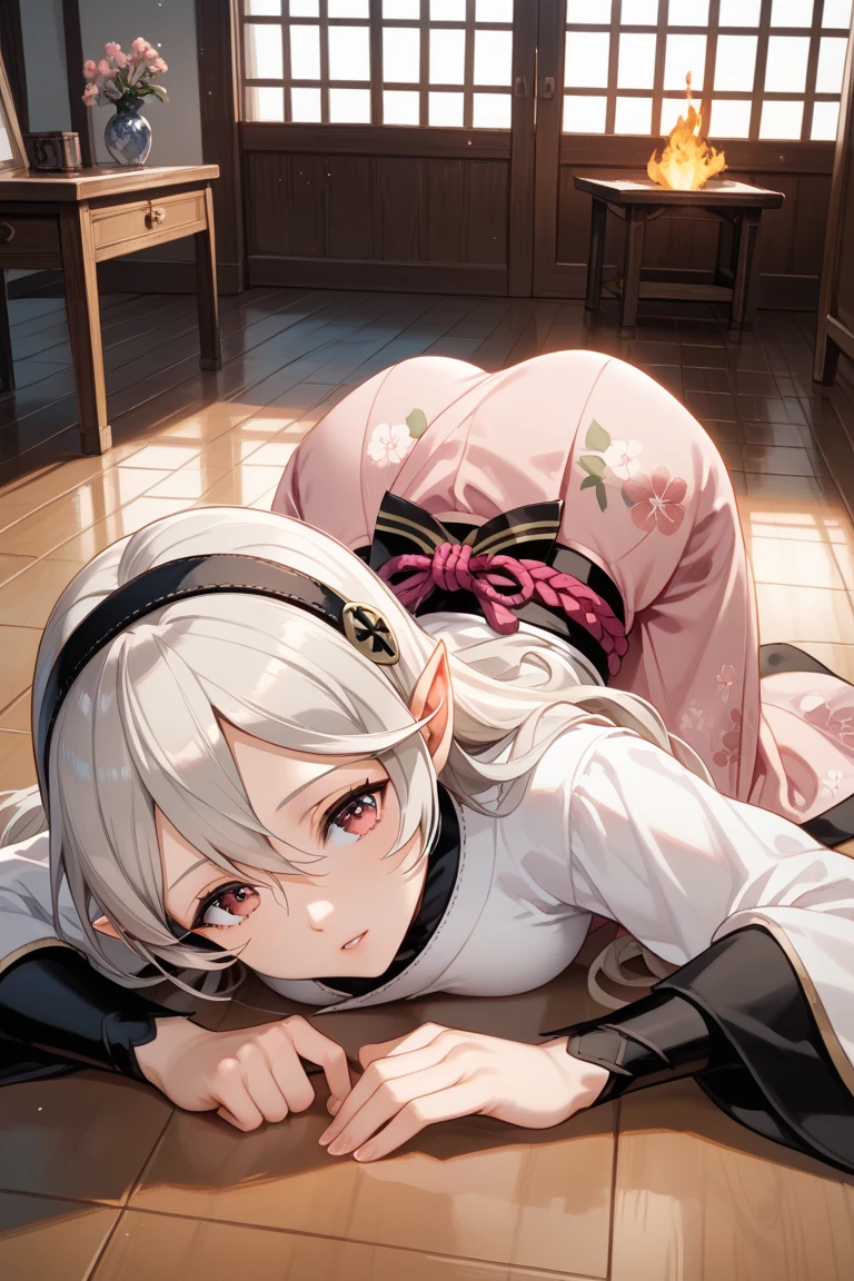 A female empress, short white hair, with yellow eyes, red nails, mostrando os peitos, legs open showing pussy, with an angry face and a provocative look, mouth open with tongue out. Wearing traditional Chinese imperial clothing, decorated in gold with black details, with red Hanafuda earrings, with a short red skirt. On your knees on a hotel room bed with a penis in your pussy, with a sunset in the window in the background.