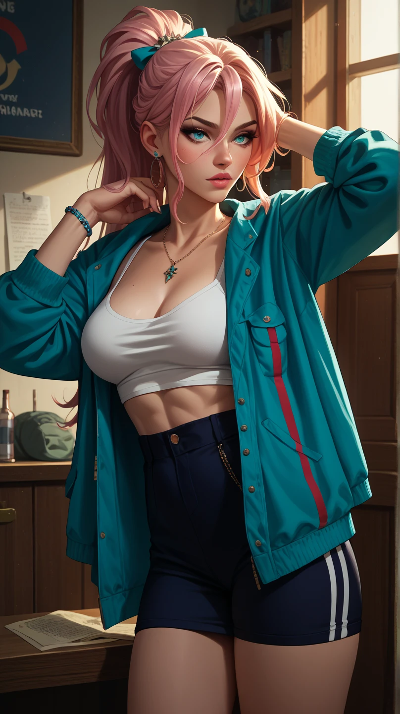 1girl, solo, breasts, looking at viewer, blush, skirt, large breasts, shirt, hair ornament, long sleeves, navel, jewelry, jacket, white shirt, ponytail, red hair, earrings, choker, hairclip, midriff, black eyes, crop top, black choker, piercing, ear piercing, purple skirt, green jacket, cropped shirt,