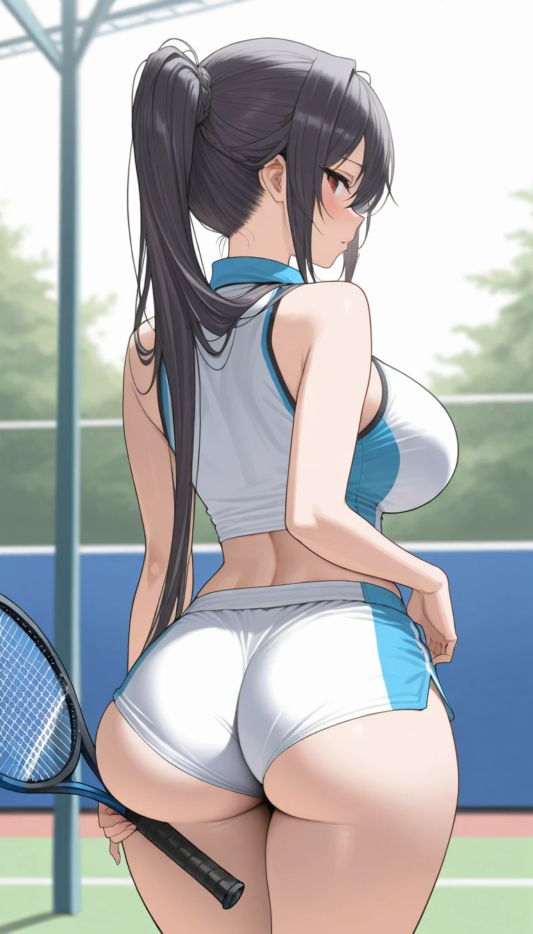 One Woman、beautiful girl、high school girl、tennisコート、Sun visor、tennisウェア、mini skirt、ponytail、Long Hair、tennis、The stands are full、tennisラケットを持つ、Highest quality, Thick thighs、big 、big Ass、Black Hair、Sweaty body、Fullback panties、tennisボールを打ち返す、tennisラケットを振る、tennisボール
