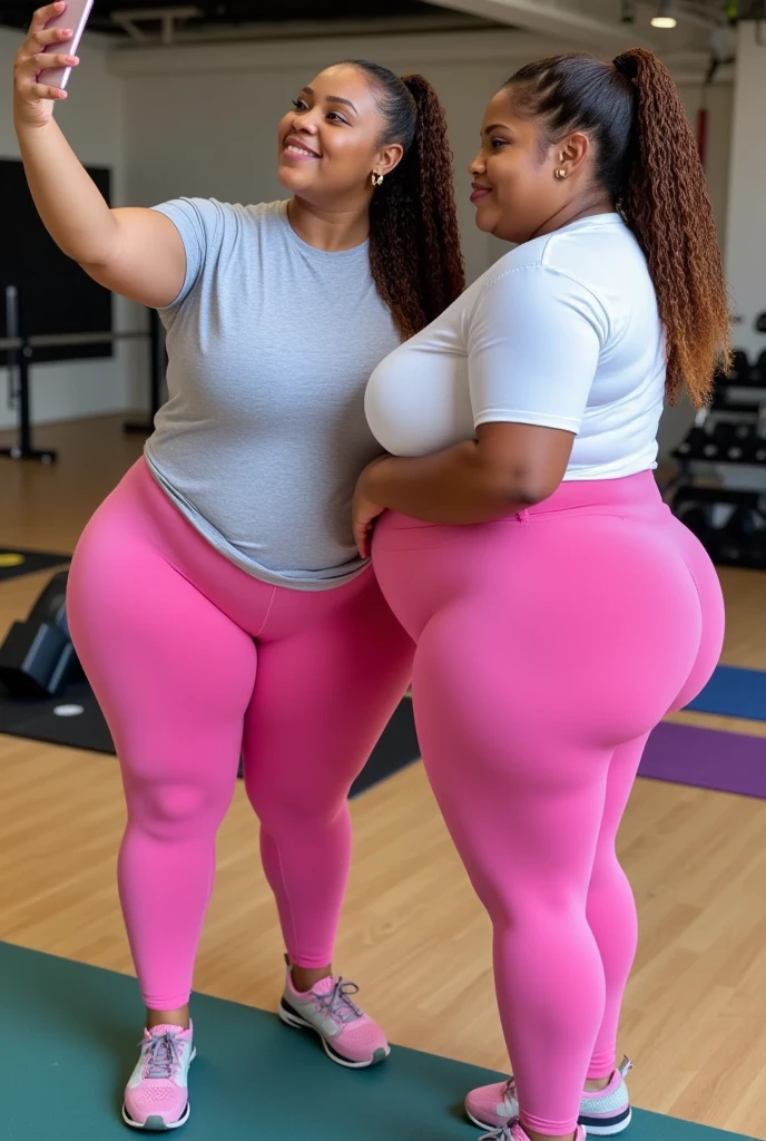 (2heads), conjoined, no facial hair, A very feminine face, caucasian, Long brown hair, morena, , with glasses on, thick-thighs, Curvy, wide hips, visible curves, Chubby, Dishonest, Very broad shoulders, sweaty :1.5,Wet, ,drenched:1.5, (wear a tight sports bra and leggings):1.7, beautiful hair, Very Wide Hips, Dishonest, Chubby, visible curves, Realistic ,conjoined, no facial hair, A very feminine face, , (full - body, in the gym: 1.2), wet body: 1.1, Highly Detailed Facial and Skin Texture, 詳細な目, 二重まぶた, light skin, Sexy, suntan , suntanned skin, dark skin,