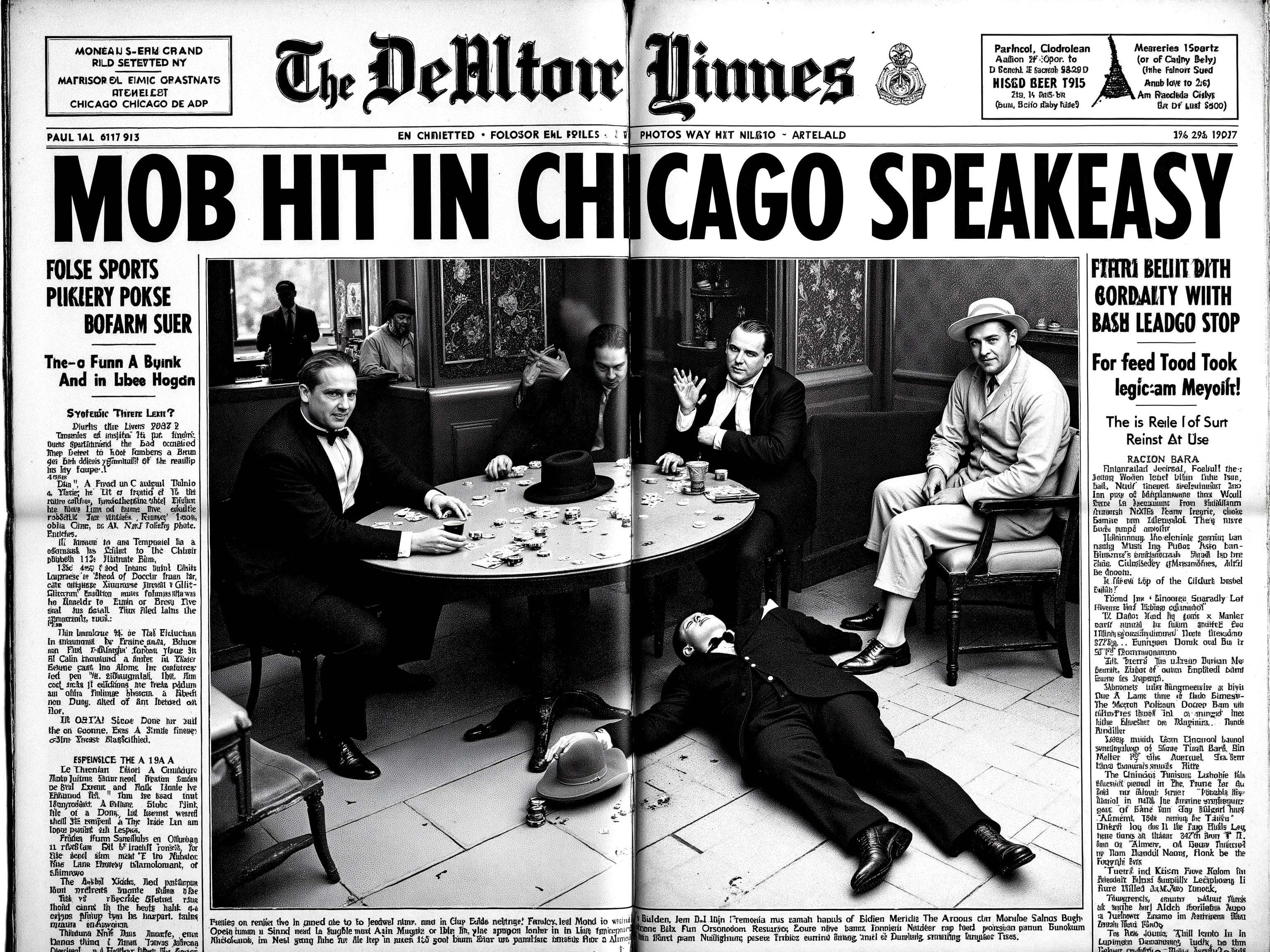 A black-and-white 1920s newspaper front page featuring a dramatic crime photo and bold headline: “Mob Hit in Chicago Speakeasy.” The page layout includes a large grainy photograph taking up most of the space, showing the aftermath of a mob hit inside a shadowy underground bar. Two sharply dressed men lie slumped at a poker table, cards and chips scattered, one fedora on the floor, a spilled drink dripping off the edge. The scene is lit with a harsh flash, casting deep shadows on the tiled floor and art deco wallpaper. A few shaken patrons and a bartender are visible in the background, frozen in mid-reaction. The photo is framed by period-accurate newspaper columns, printed in serif fonts with smaller headlines and placeholder text. The overall style is aged and authentic—like a physical paper from 1927, folded and creased, slightly yellowed at the edges.