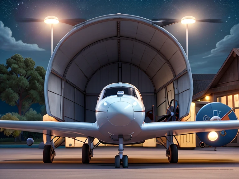 Furry mascot，Lovely image，Gray snow leopard，Gray airliner，Cute little animals，boarding，Long, fluffy tail，On the city high airport，full of lights，Cubs，is in night，nigh sky, stars，Close-up of cute characters