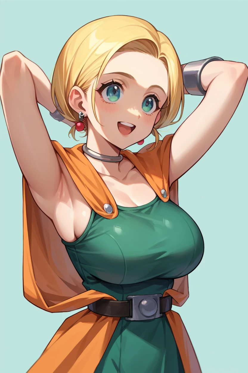 (masterpiece,newest,exceptional:1.2),1girl, solo, aqua eyes, baseball cap,  hatjewelry, blonde hair, closed mouth, earrings, hoop earrings,  green background, shirt, yellow shirt, short hair, simple background,  wide hips, ((short shorts)),erotica, groin neckline