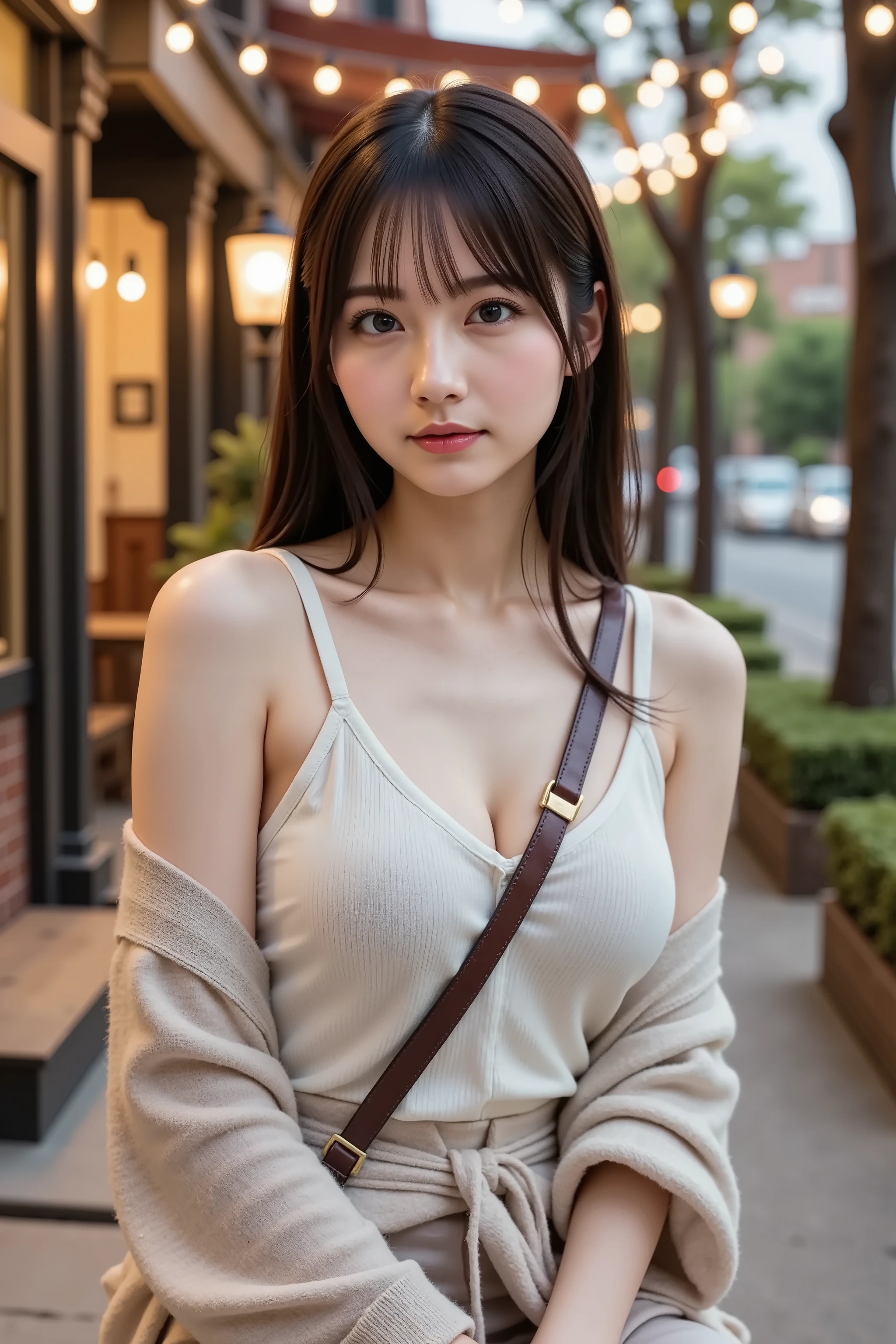 firm and big breasts, cleavage, A realistic photographic composition framed from just below the shoulder of a female subject seated on a stone bench outside a sidewalk café at dusk, ensuring her entire head is fully visible within the frame without any cropping at the top. She wears a cream-colored sleeveless turtleneck knit top with a fine ribbed texture, the high collar softly folded at the neck and the armholes cut to reveal just below the shoulder, accentuating her collarbones and upper back. The snug knit top stretches firmly across her firm, full breasts, lifting and compressing them into a broad, dramatic cleavage line framed by the high collar and armhole edges, underbust seam shaping creating taut tension folds and specular highlights along rounded contours just below the shoulders. Over this, a lightweight ivory cardigan of soft cashmere blend is casually draped, its long sleeves tied in a loose knot at her waist, the dropped shoulder seams and subtle cable stitches of the cardigan showing realistic stitch definition and slight pilling at the edges. The cardigan’s sleeves hang off her arms, creating natural drape lines and gentle folds in the knit. A narrow leather crossbody bag strap in dark brown crosses her torso, the leather’s grain and brass buckle hardware rendered crisply. Behind her, the background reveals a warm urban street scene: a low brick wall with weathered mortar, an illuminated café menu board on a metal easel casting a soft glow, and a vintage lamppost with a frosted glass lantern. The sidewalk’s concrete slabs show fine aggregate texture and faint damp patches, while potted greenery and wooden crates line the edge of the seating area. Soft LED string lights overhead cast circular bokeh highlights against the deepening twilight sky. The composition is captured using an 85 mm equivalent prime lens at f/2.2 on a full-frame sensor, producing a shallow depth of field that keeps the subject sharply in focus while rendering the café façade, lam