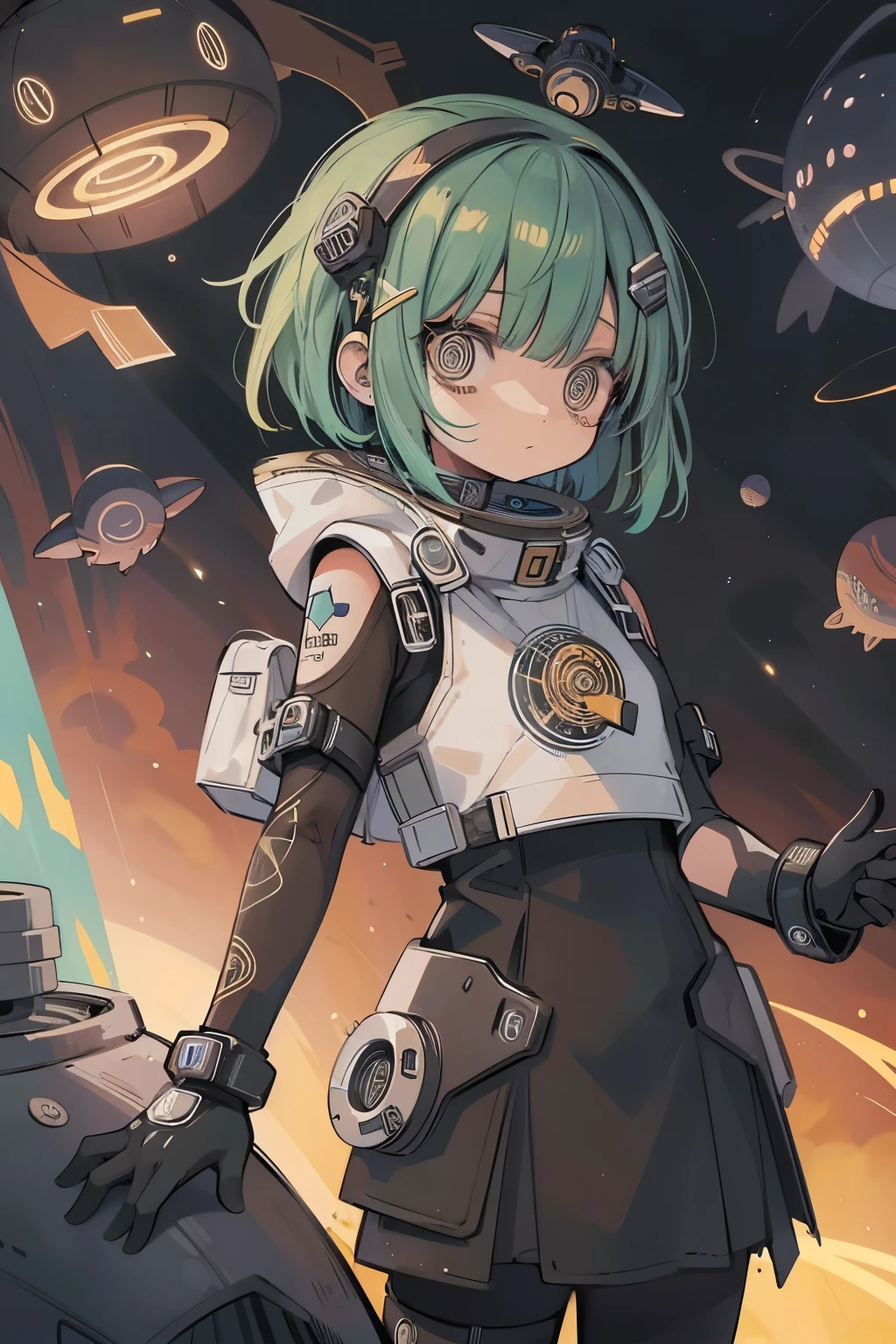 Space ship, captain future, comet, extremely fine and beautiful design, illustration, masterpiece,best quality, high resolution, 8k, sf,space fantasy, extremely beautiful and fain design, extremely fine and beautiful colors, An anime girl with shoulder-length green short hair and warm brown eyes, dressed in a sleek, black-and-yellow space pilot suit with metallic patches on her shoulders.  background a planet with visible Universe Galaxy,space fantasy, comet, 