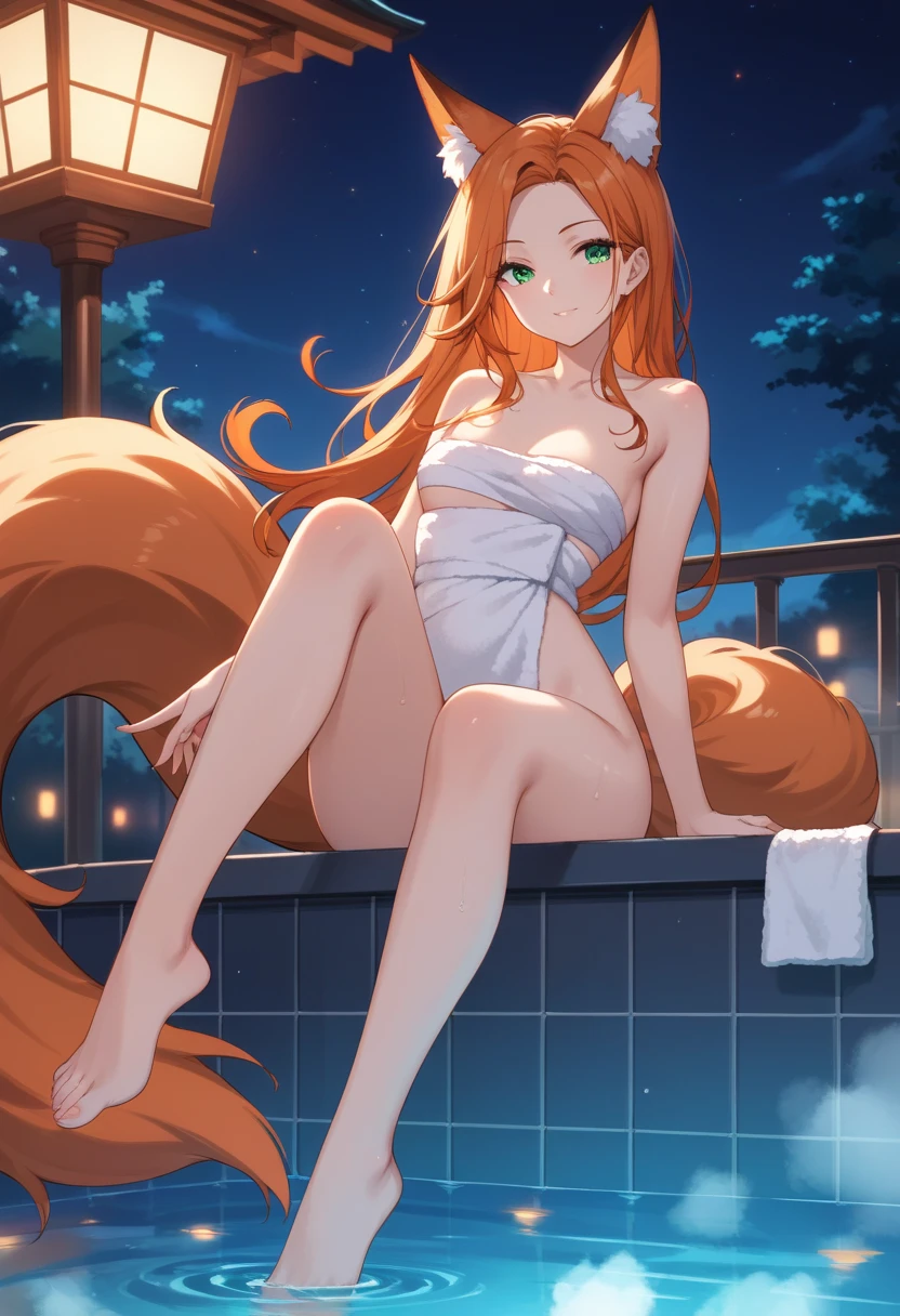 1girl, (skinny), medium breast, cat tail and ears, short red-orange fluffy hair, (swept bangs), heterochromia eyes, eye1 blue, eye2 green, naked, sitting on the bed, blushes, half-close mouth, surprise look, erect nipples, spread legs, night, pubic hair, (perfect pussy), ((large clitoris)), (angle 3/4)