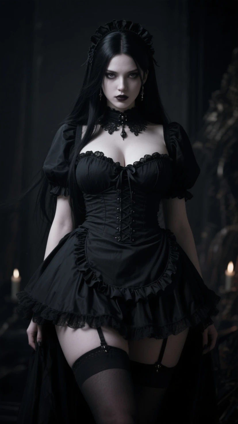 Gothic milf de 20 anos, big tits, spiky black hair with black highlights, g0thdr3ss, dress, sheer, short dress, gothic, white and black dress, dress, bare shoulders, torn pantyhose, boots, black footwear, torn clothes, knee boots, fishnets, in a dark castle ((sexy clothes))