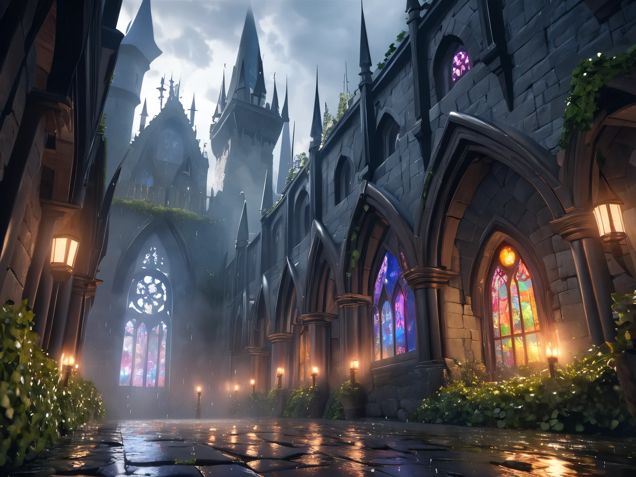 fantasy art, RPG art, photograph, RAW, (Ultra detailed: 1.5), Best Detailed, picture of temple of magic worship, an epic fantasy building intensive art work, live like statues, stained glass art, Renaissance art work with, decorations of (fire: 1.2), (lightning: 1.2) and (earth: 1.2) decorating the building, masterpiece, best quality, (extremely detailed), ultra wide shot, photorealism, depth of field, hyper realistic, 2.5 rendering
