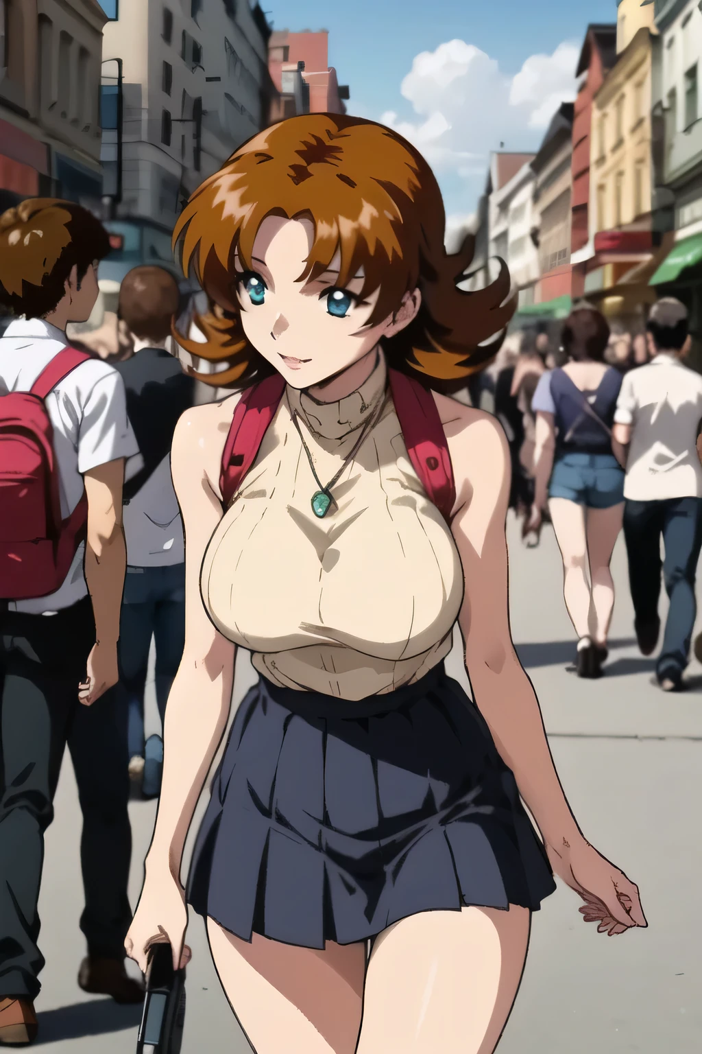 Can you draw hair color brown,(brown hair){{x}},draw her expression more delicately,walking alone, city tour ,,(((She's dressed in a casual tourist style))), I have a SLR camera ,(Let's draw a more delicate look),(sleeveless wool sweater),( Pleated Legs,white panties),(That work is enough for one person {X} is very important for work)、 That alone is great enough,don't frown。unless work requires it。 {X}、 , An attractive 40-year-old adult woman jumping out of her uniform, Big black wavy hair, , Big Breasts, Thin Waist , , ,
