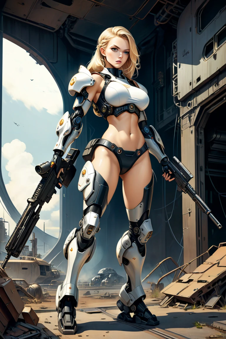 Beautiful woman in a slingshot bikini with camo patterns, mechanical bikini with camo patterns, tattered military gear, mechanized soldier girl, oversized mechanical exoskeleton oversized robotic gauntlet arms and robotic boots legs with camo patterns, inspired by Masamune Shirow, girl in mecha armor with camo patterns, mechanized valkyrie girl, cushart kenz, cool mecha style, bikini-armor with camo patterns, infantry girl, Bare Skin, Athletic Well Toned Body, sweaty skin, Barely Clothed, cammo patterns, Beautiful Face, dieselpunk Theme, Fiverr Dnd Character, Octane Render, Digital Art, Extreme Detail, 4k, Ultra Hd, Polished, Beautiful, Hyperdetailed, Intricate, Elaborate, Meticulous, Photorealistic, Sharp Focus, Wlop, Character Design, Unreal Engine, 3d Rendered, Volumetric Lighting, Reflections, Glossy, Digital Illustration, Pose, Suggestive Pose, Lewd, Full Body Shot, naked, vissible nipples, puffy vagina, anatomically correct 💖❤💕💋
