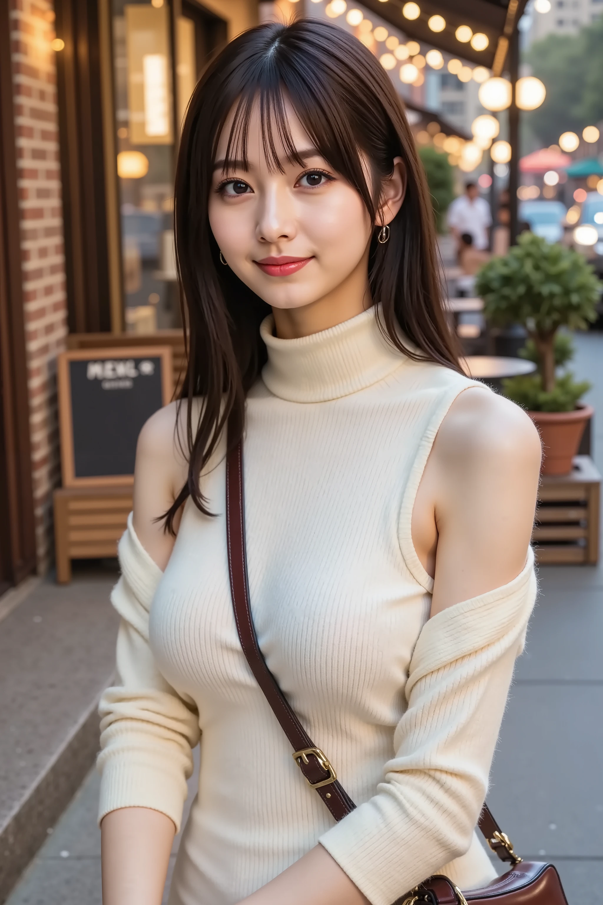 firm and big breasts, cleavage, A realistic photographic composition framed from just below the shoulder of a female subject seated on a stone bench outside a sidewalk café at dusk, ensuring her entire head is fully visible within the frame without any cropping at the top. She wears a cream-colored sleeveless turtleneck knit top with a fine ribbed texture, the high collar softly folded at the neck and the armholes cut to reveal just below the shoulder, accentuating her collarbones and upper back. The snug knit top stretches firmly across her firm, full breasts, lifting and compressing them into a broad, dramatic cleavage line framed by the high collar and armhole edges, underbust seam shaping creating taut tension folds and specular highlights along rounded contours just below the shoulders. Over this, a lightweight ivory cardigan of soft cashmere blend is casually draped, its long sleeves tied in a loose knot at her waist, the dropped shoulder seams and subtle cable stitches of the cardigan showing realistic stitch definition and slight pilling at the edges. The cardigan’s sleeves hang off her arms, creating natural drape lines and gentle folds in the knit. A narrow leather crossbody bag strap in dark brown crosses her torso, the leather’s grain and brass buckle hardware rendered crisply. Behind her, the background reveals a warm urban street scene: a low brick wall with weathered mortar, an illuminated café menu board on a metal easel casting a soft glow, and a vintage lamppost with a frosted glass lantern. The sidewalk’s concrete slabs show fine aggregate texture and faint damp patches, while potted greenery and wooden crates line the edge of the seating area. Soft LED string lights overhead cast circular bokeh highlights against the deepening twilight sky. The composition is captured using an 85 mm equivalent prime lens at f/2.2 on a full-frame sensor, producing a shallow depth of field that keeps the subject sharply in focus while rendering the café façade, lam