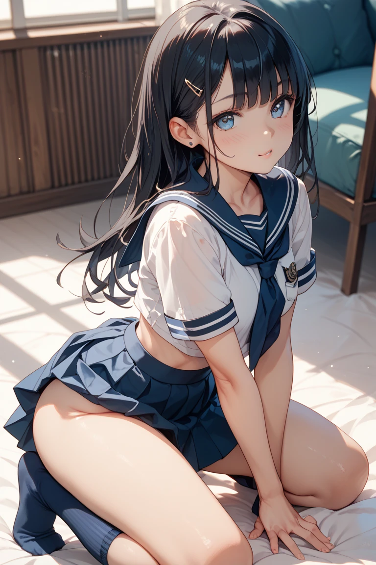 nsfw,alone, (One girl),Junior high school girl, ((White panties)), (wearing only the top half of sailor school uniform),sexy, (Cowboy Shot), ((Put your arms behind your head)), classroom, With a girl:Her hair is long and black, Her face is round and cute, Black Hair, Low twin tails, (Are standing),(Shy, Embarrassing),from below,from the front,(pussy juice),