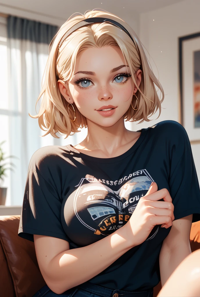 (masterpiece:1.2, Highest quality), (Realistic photos), Beautiful illustrations, (Natural side lighting, Cinema lighting),(1 person), Japanese, 20-year-old female, Perfect Face, Symmetrical cute face, Glowing Skin、Blonde Short Hair、Dark blue eyes, (Huge breasts:1.2), Slender build、Earrings、Beautiful Hair, Beautiful Face, Fine and beautiful eyes, Beautiful body, Beautiful breasts,(Black T-shirt、Pleated skirt)、smile、Blushing、whole body、Bedroom、Night view