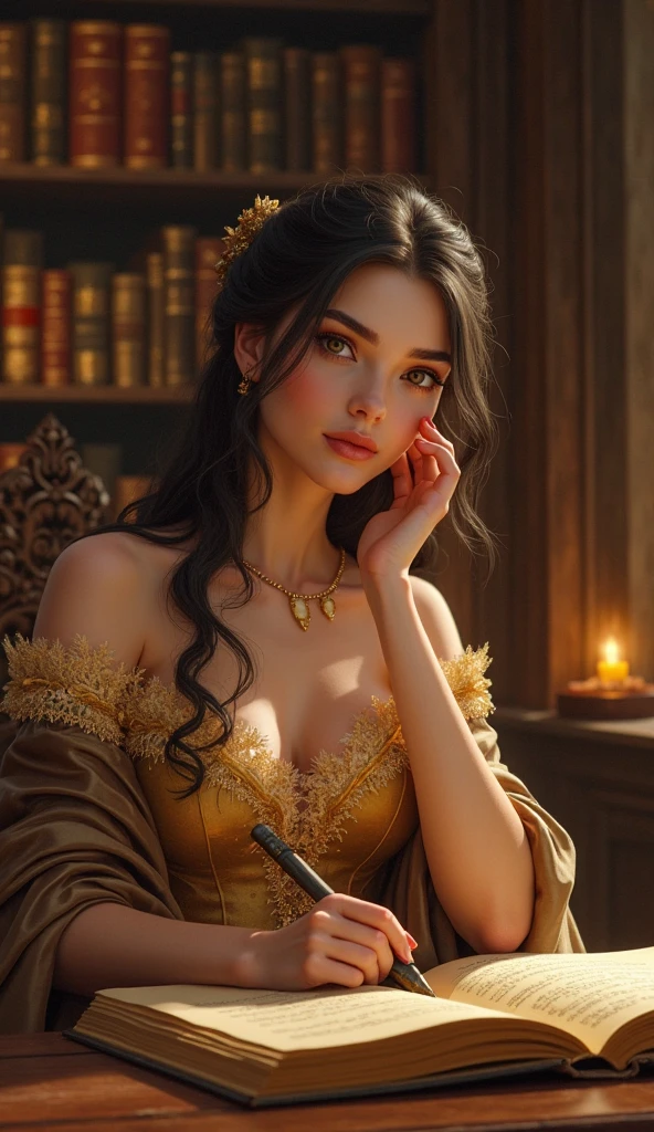 "A sophisticated and detailed digital illustration, set in an exquisite and spacious medieval office, with soft light coming in through large arched windows of stained glass.
In the center of the scene, a 30-year-old Japanese woman, extremely beautiful and enigmatic, she sits elegantly on a dark wooden table richly carved with arabesques and ancient symbols. Her crossed legs and firm posture contrast with the lightness and mystery of her expression: a serene look , slightly thoughtful and seductive, as if pondering important decisions or keeping ancient secrets.

She wears a white dress of fine fabric, fluido, with delicate lace on the sleeves and hem, complemented by a dark green corset embroidered with gold threads that accentuate her silhouette with refinement. A red scarf flows from her neck like a flame of elegance, and a discreet gold necklace with a black jewel rests subtly on her clavicle.

 Her black hair, long and silky, is pinned in a formal hairstyle with gold adornments, suggesting a magical touch or ancient nobility. Ao redor, the office is decorated with leather-bound books, sealed scrolls, ancient globes, lit chandeliers and tapestries with esoteric symbols, creating a scene of power, mystery and timeless beauty."

